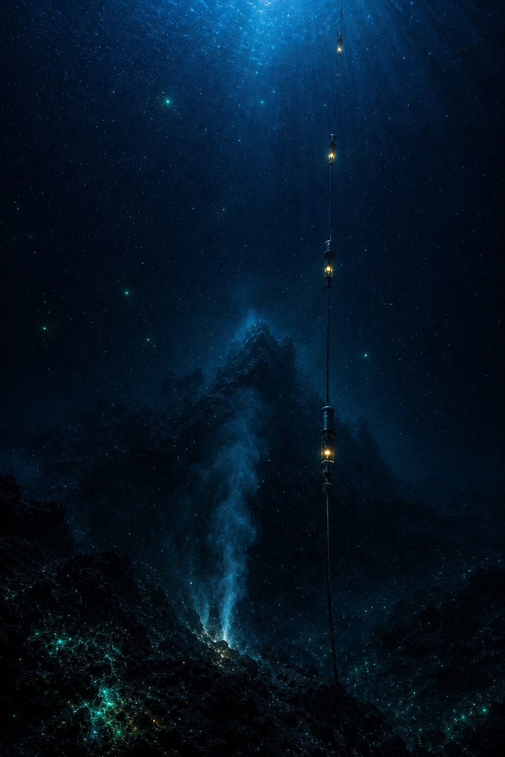 Bioluminescent deep-sea environment with hydrothermal vent organisms