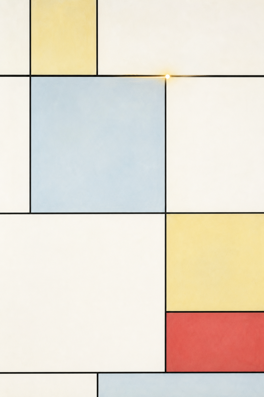 A luminous point drifting along Mondrian's grid lines — light through structure