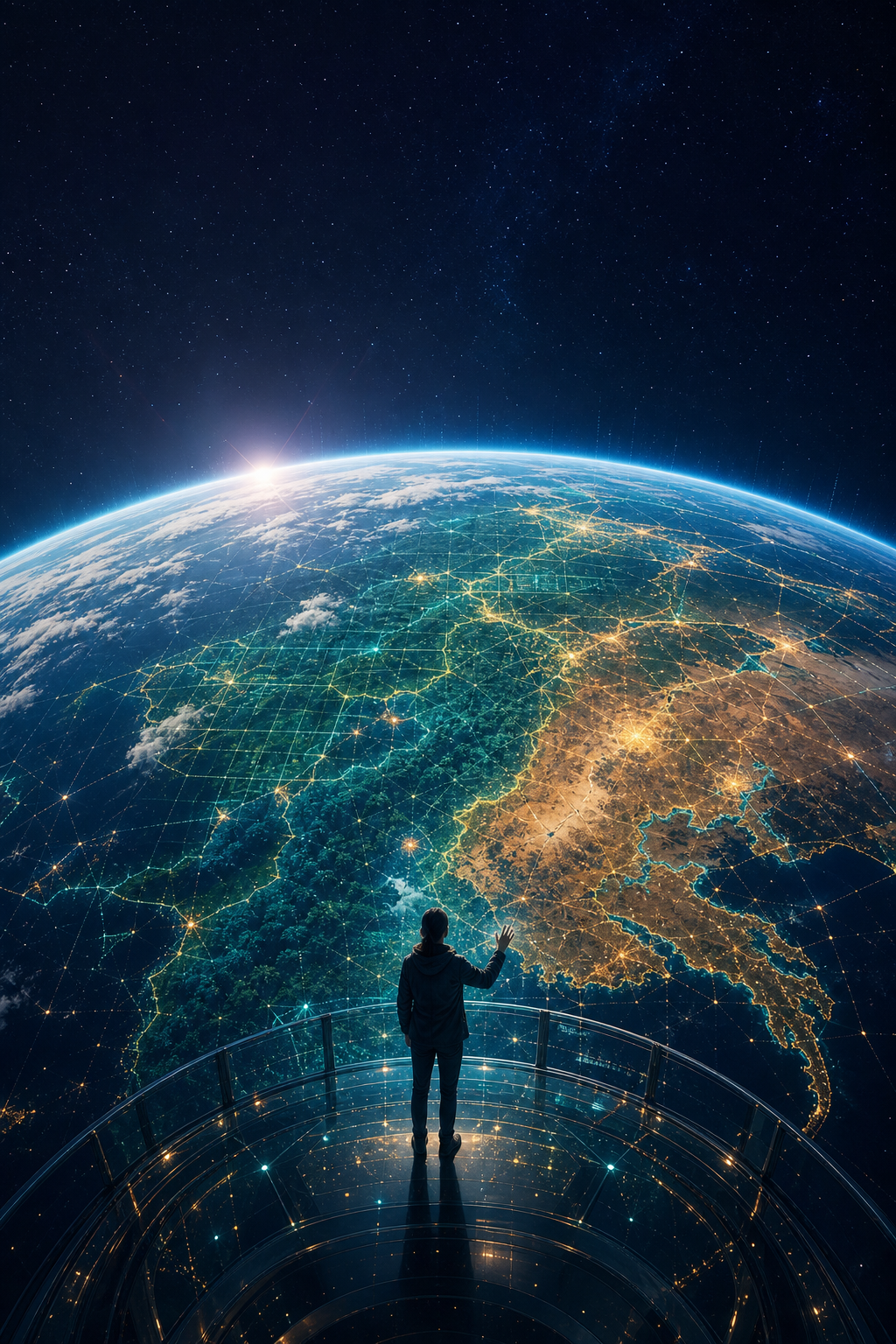 Human curiosity meeting planetary-scale AI intelligence — satellite data, maps, and Earth systems converging.