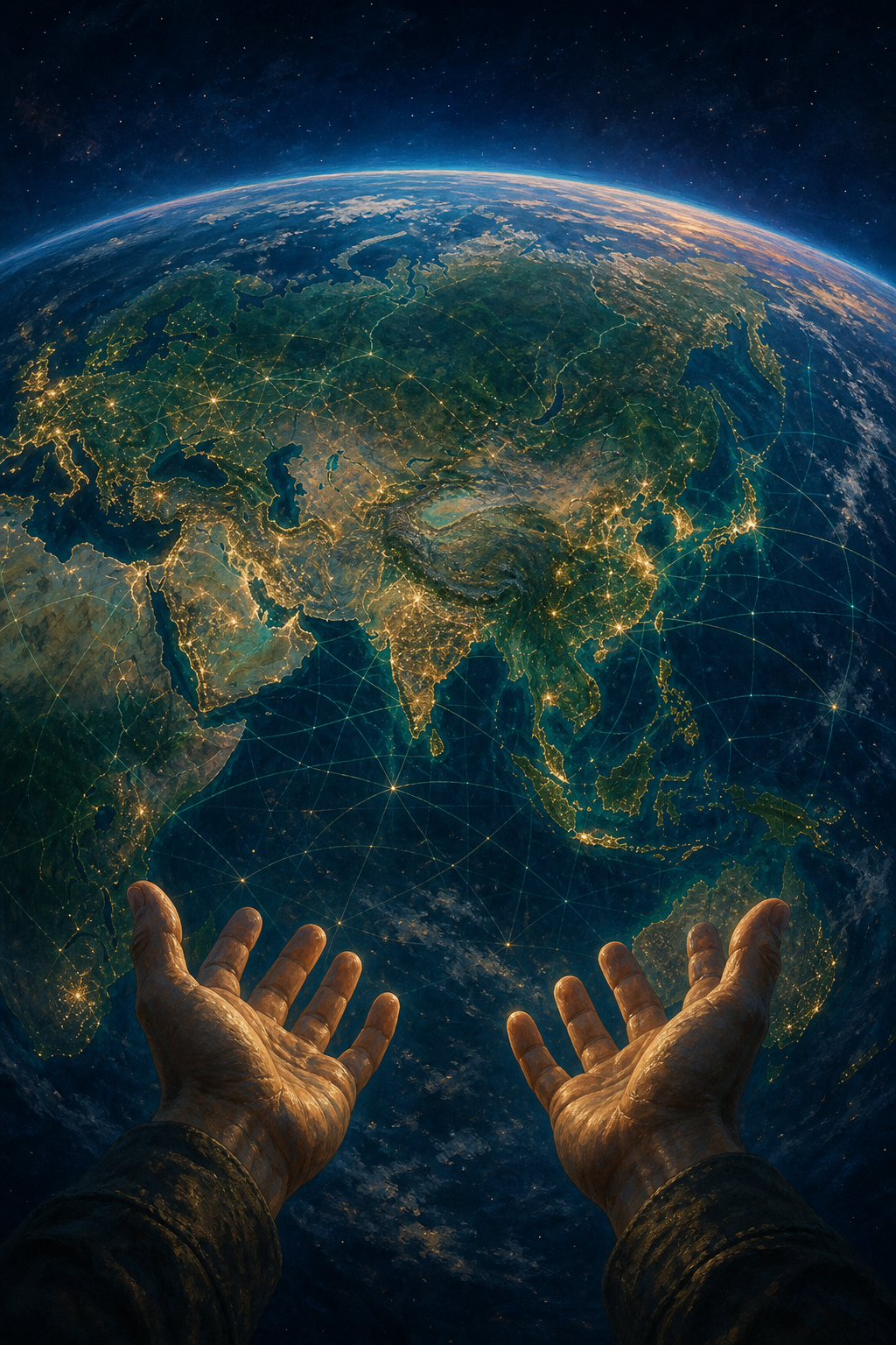 Luminous planetary intelligence — curiosity radiating outward from human hands to global systems