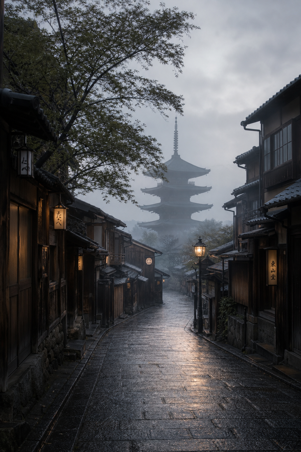 Higashiyama at dawn, mist veiling the five-storey pagoda above silent stone streets