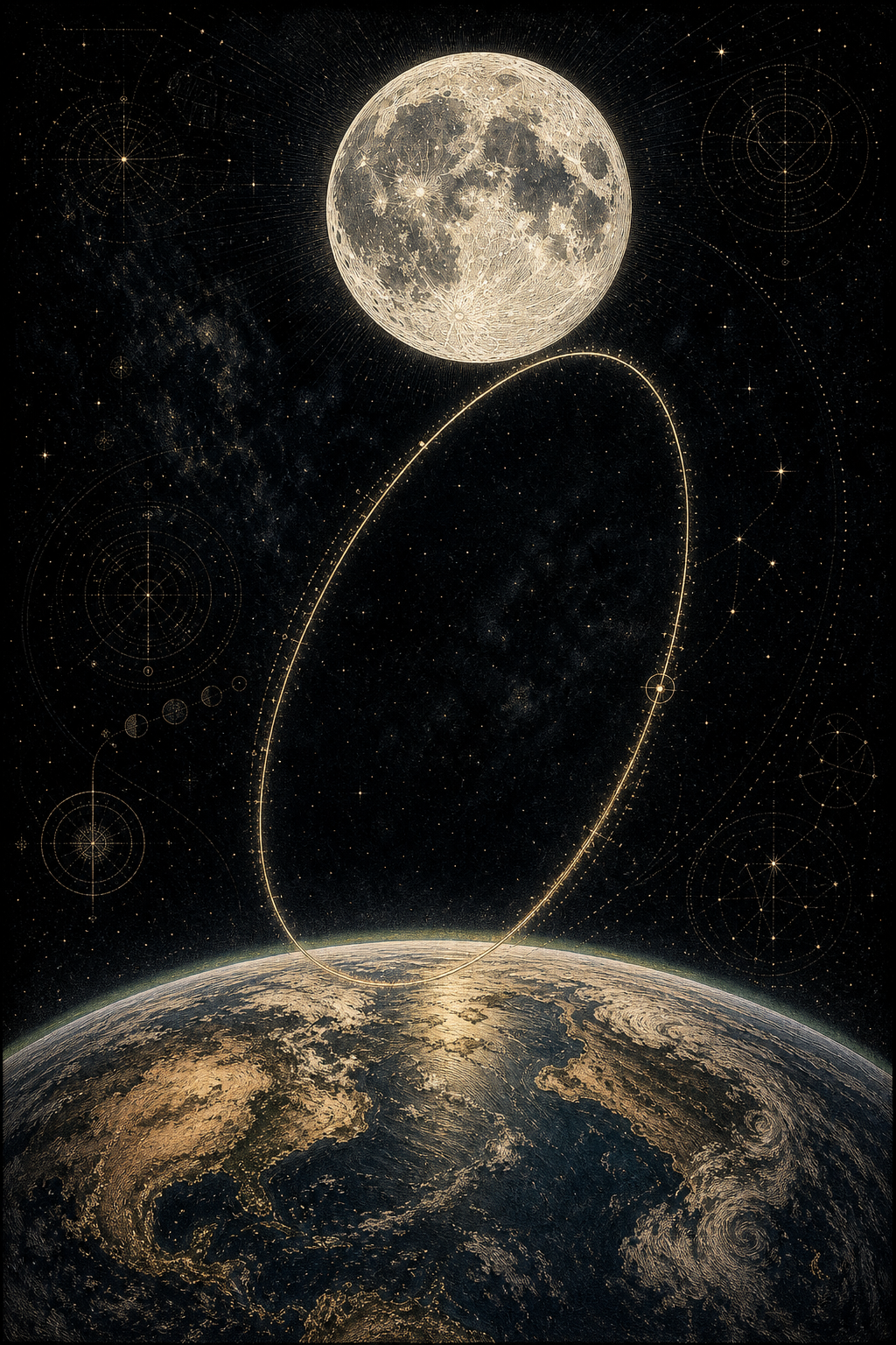 Earth and Moon in ancient conversation — a luminous cosmic scene