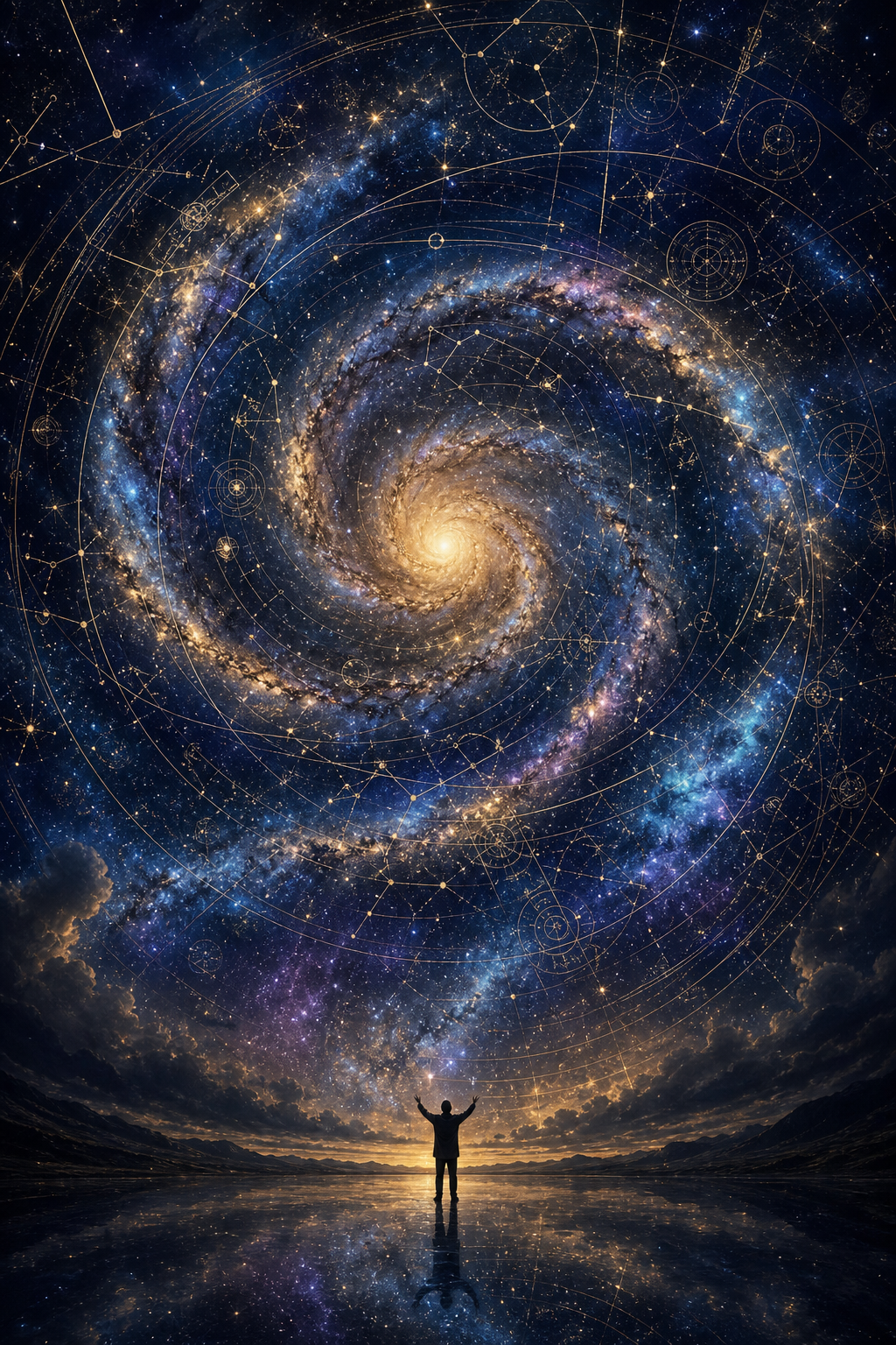 A silhouetted figure gazes into the charted cosmos — ancestral wonder meets celestial science