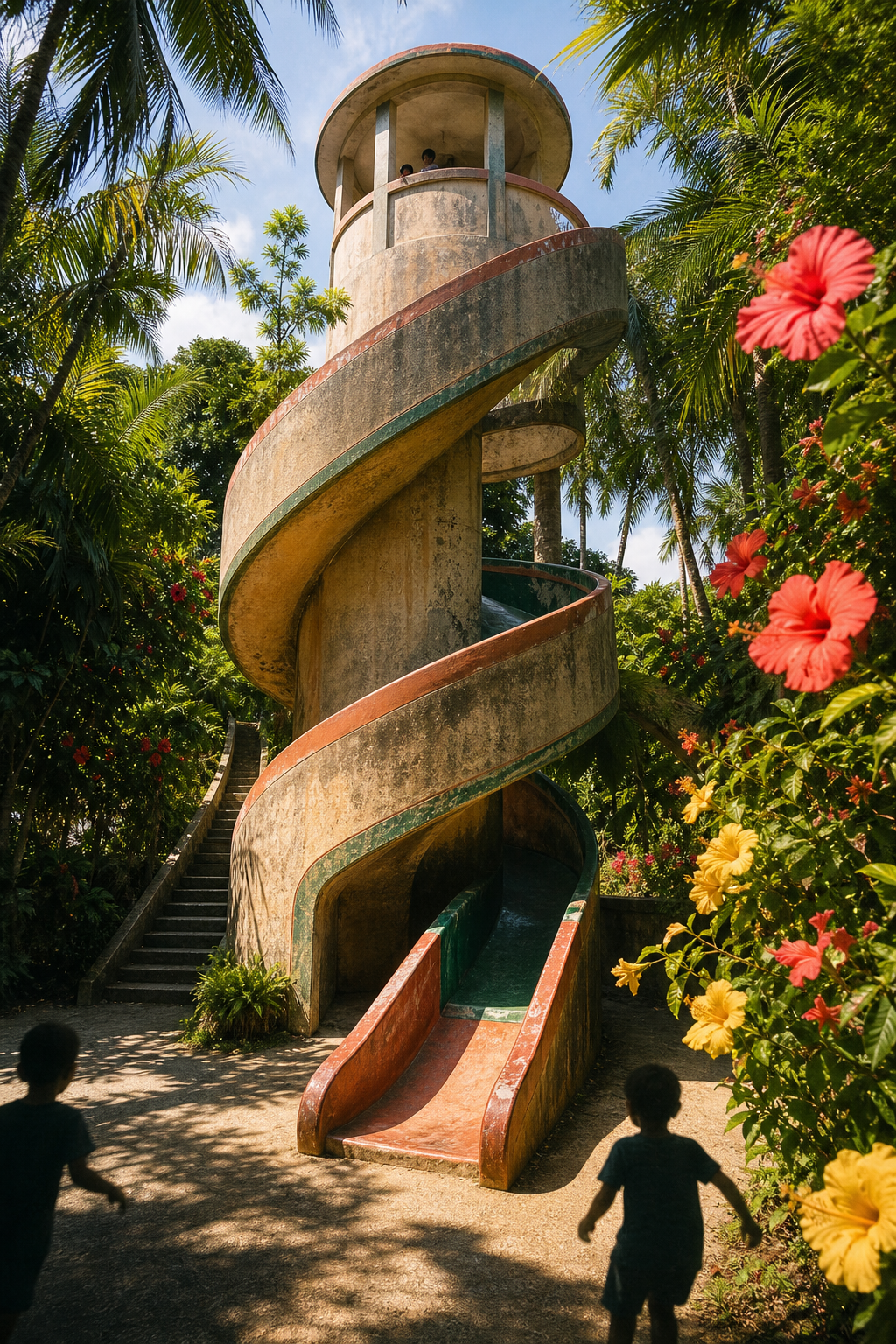 A sun-drenched slide in a small Okinawan park, bright against the tropical afternoon.