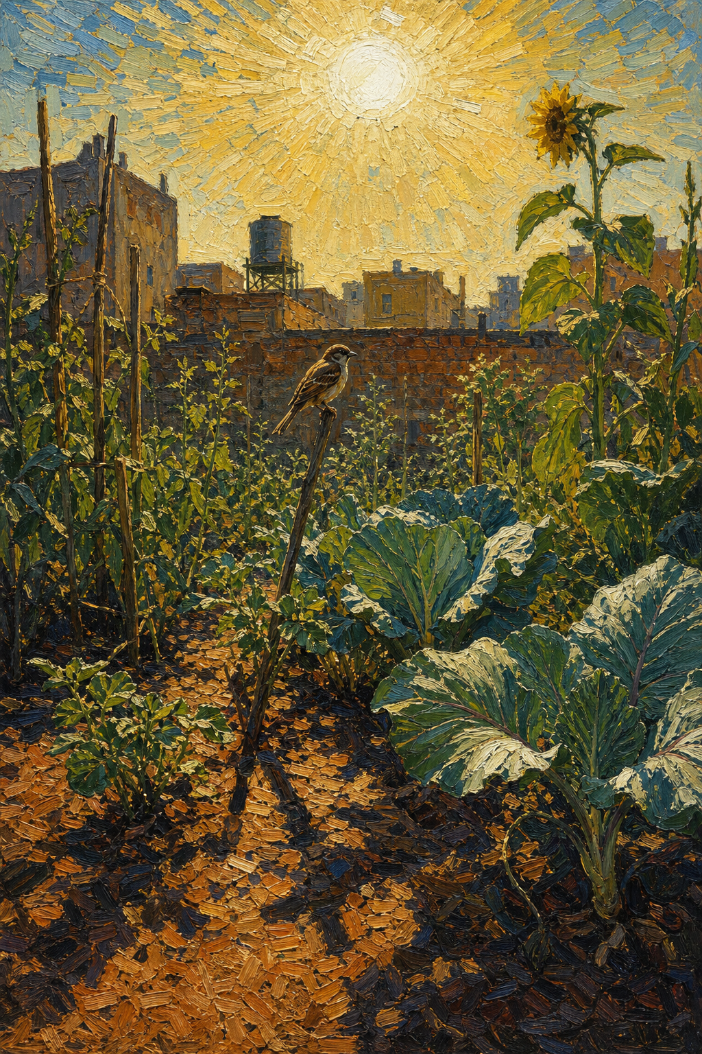 A summer garden under fierce light — matter in transformation