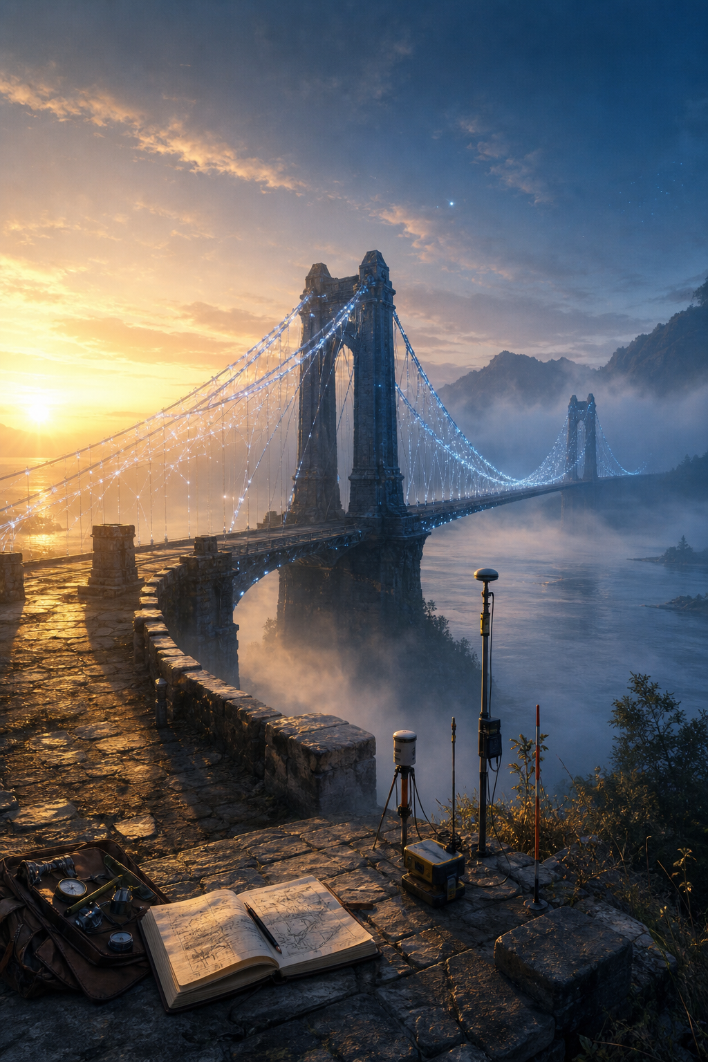A luminous bridge spanning a misty research frontier — symbol of connecting human knowledge to AI ground truth