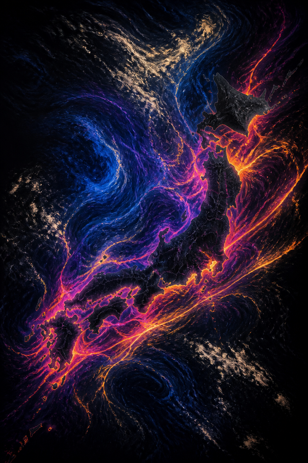 Abstract midnight satellite view of the Japanese archipelago, luminous currents of magenta, amber and cobalt light tracing atmospheric heat and pressure across the islands.