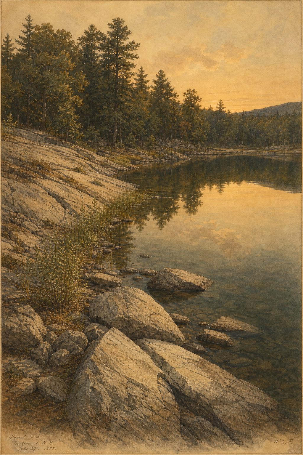 Walden Pond at summer morning — still water, exposed shoreline rock