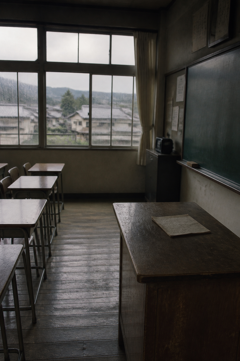 雨后的日本旧中学教室，讲台上放着一张对折旧纸