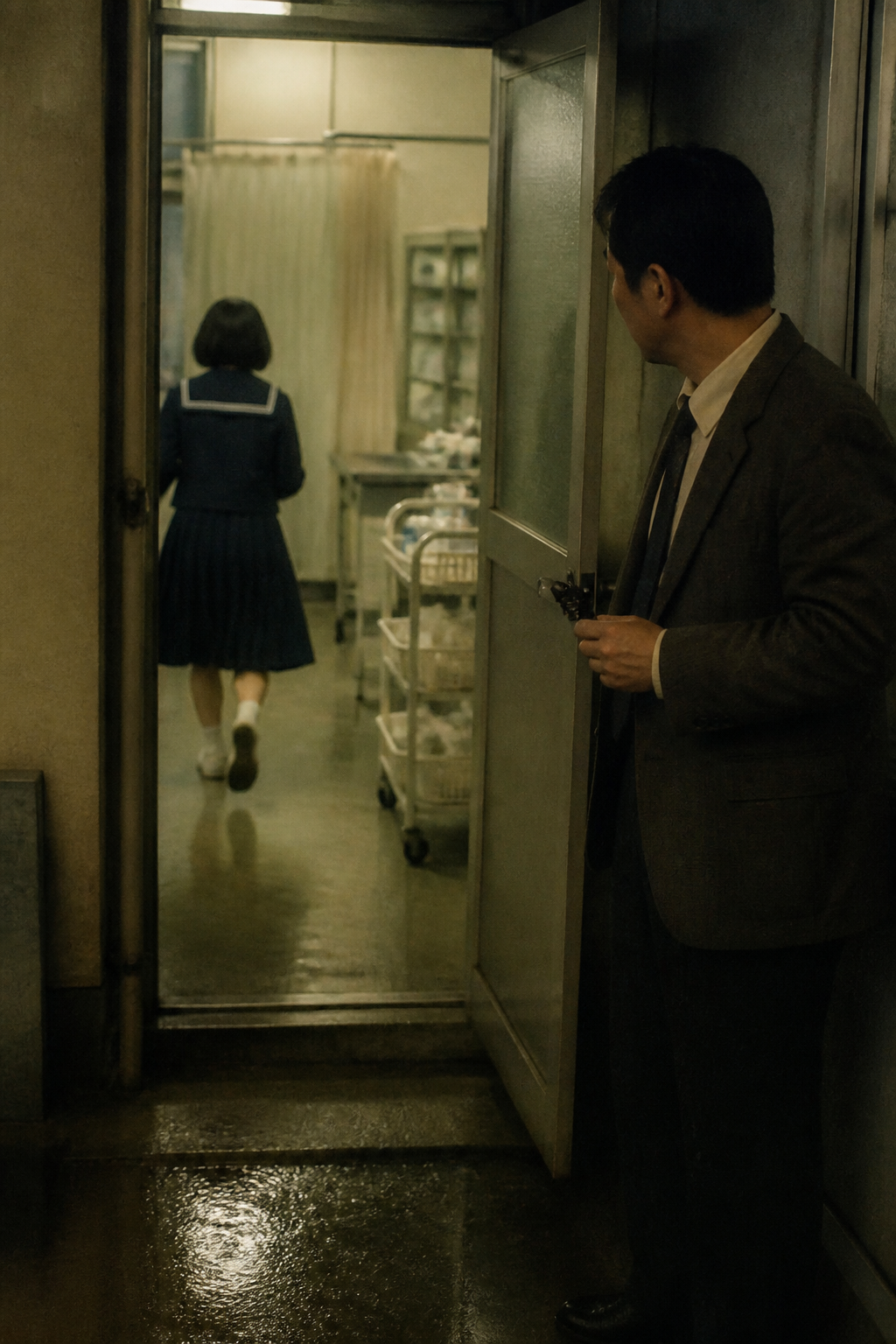雨夜从学校医务室后门逃离的校服女孩