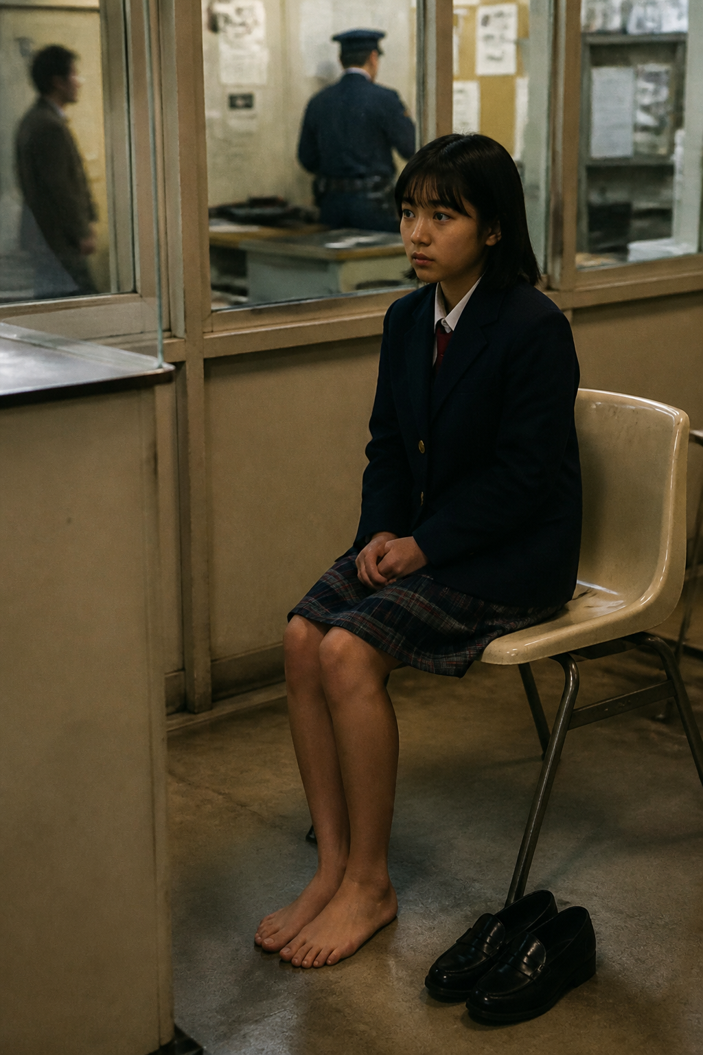 日本派出所冷白灯下赤脚坐着的女孩
