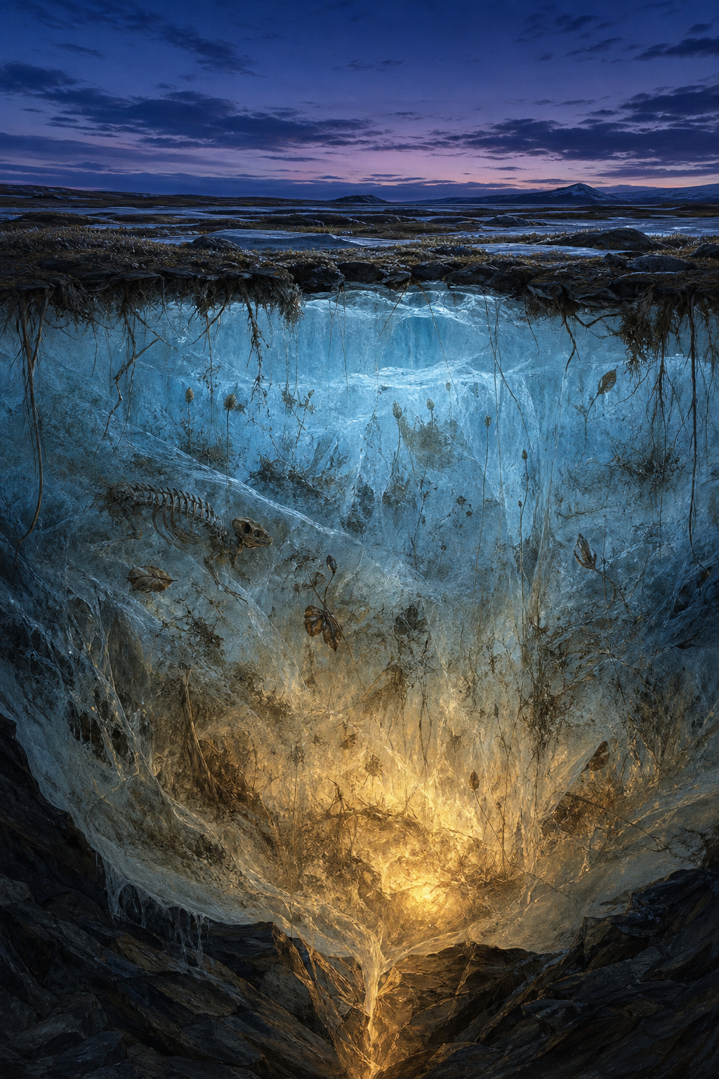 Illustrated frozen Arctic landscape — cerulean ice layers, ancient organic memory