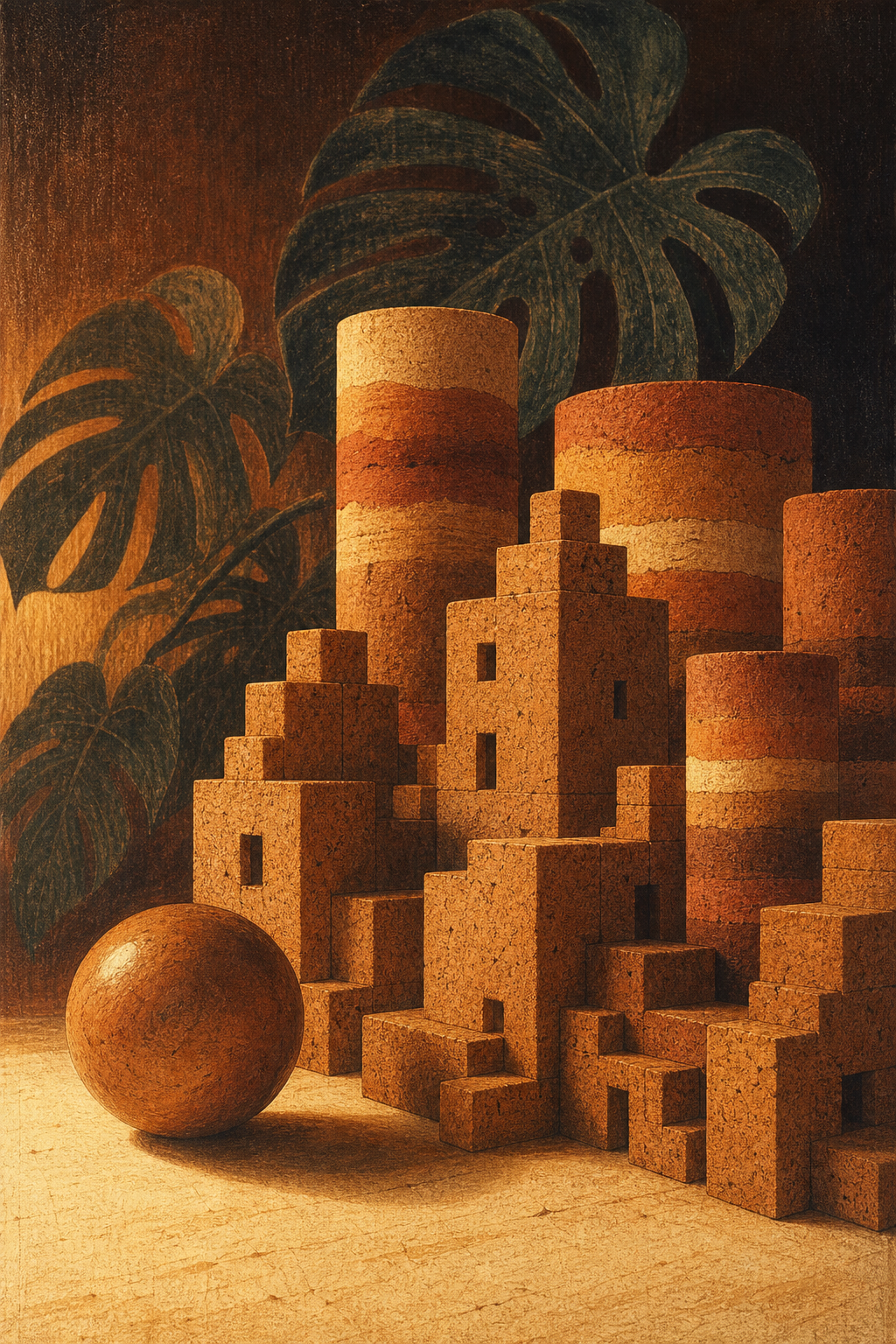 Cork and earth exhibition — miniature city of handmade blocks and layered soil cylinders in warm amber light