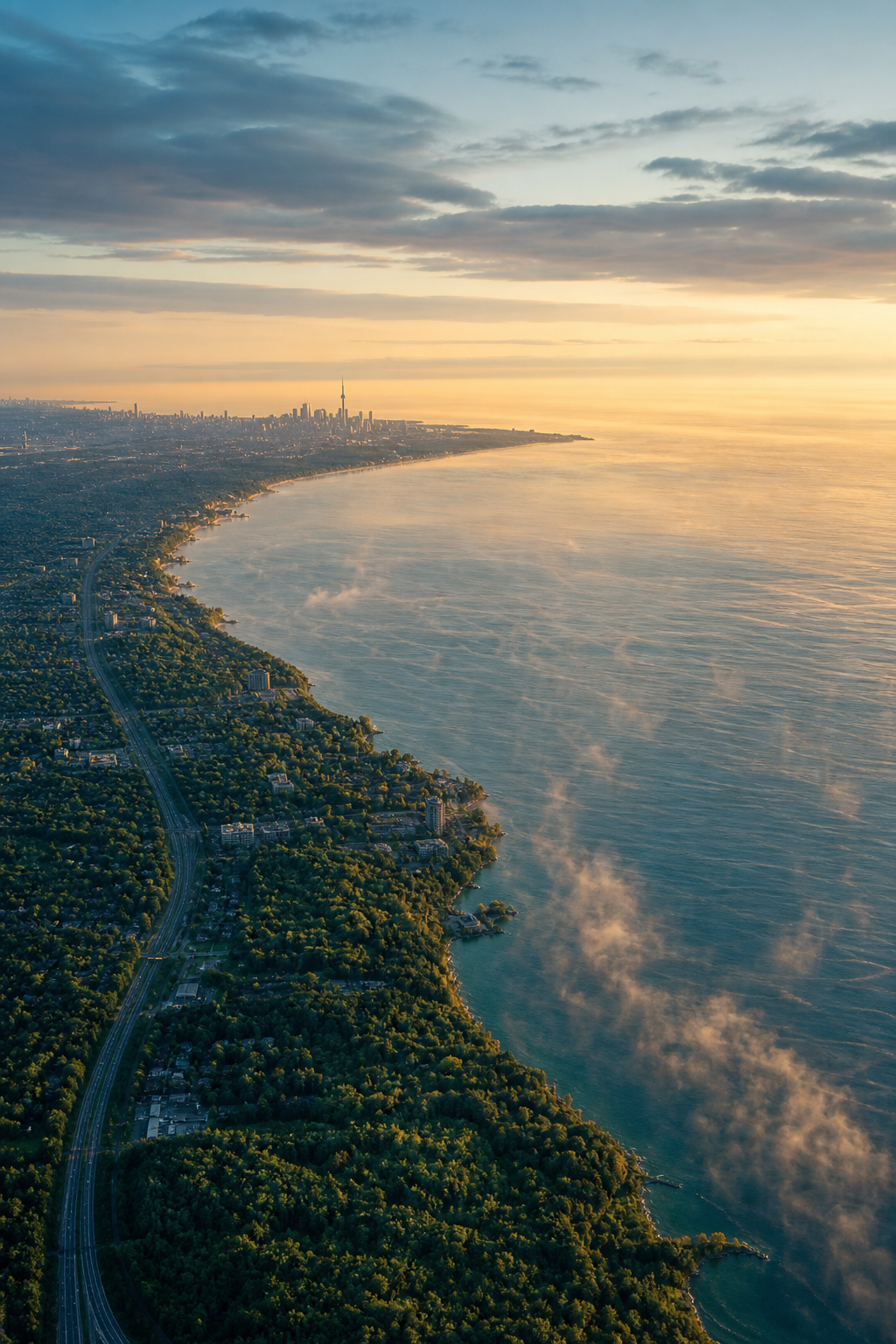 Aerial view over the Golden Horseshoe watershed and Lake Ontario