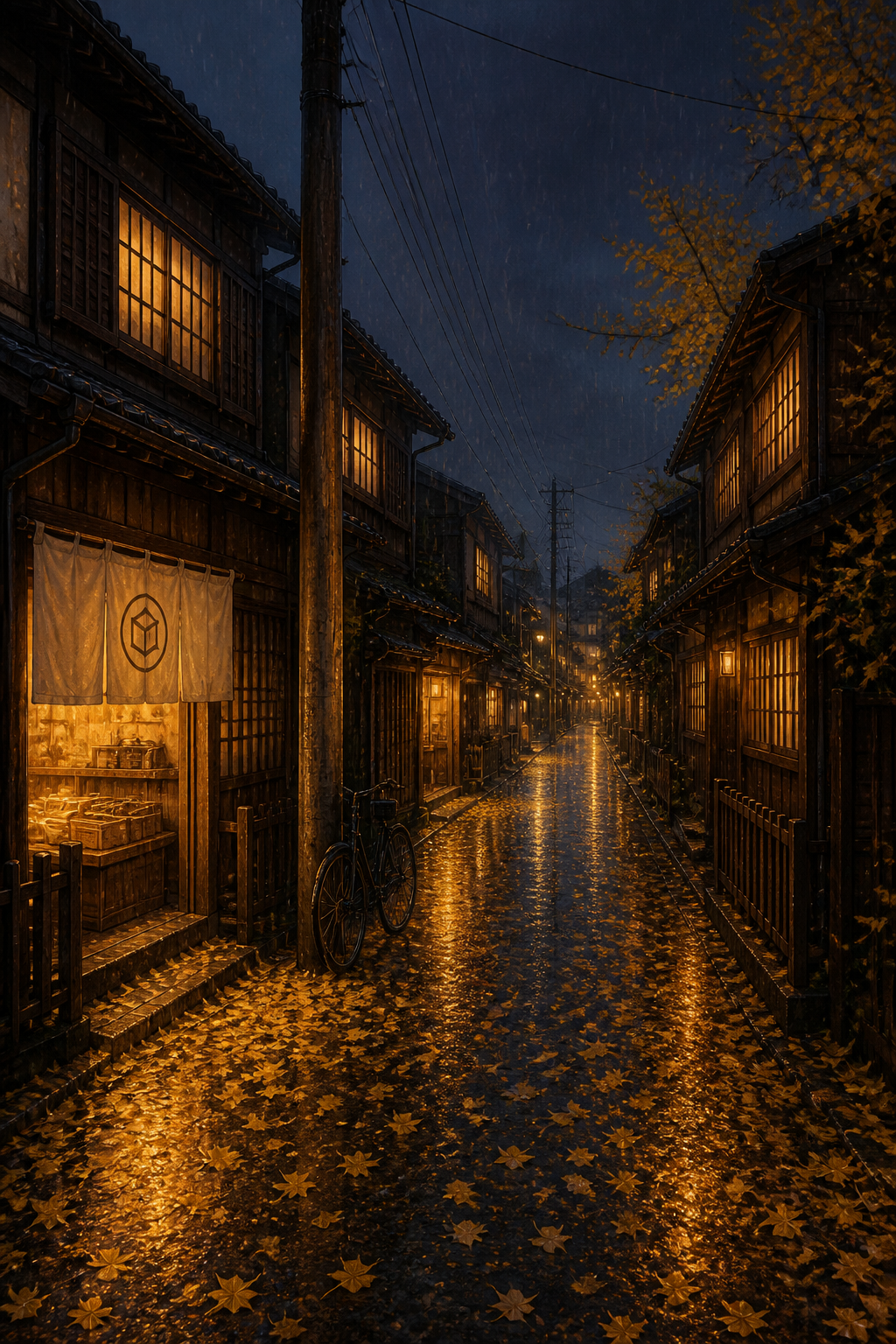 Editorial illustration of a quiet Shōwa-era street scene, atmosphere only