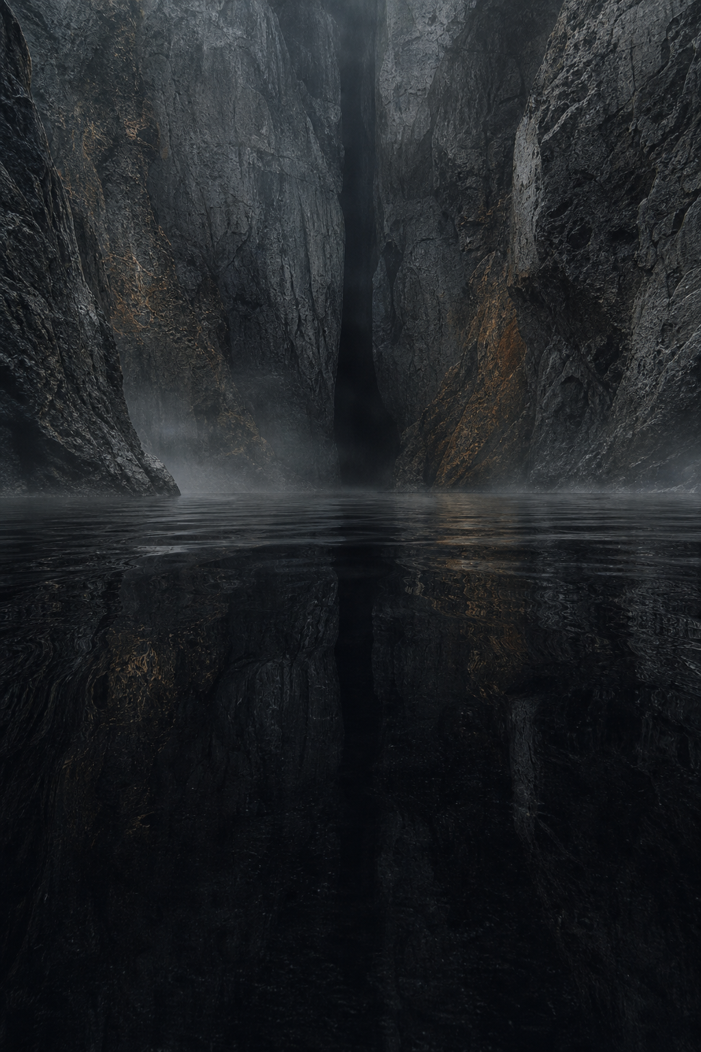 A dark river surface at the edge of the world, still and lightless