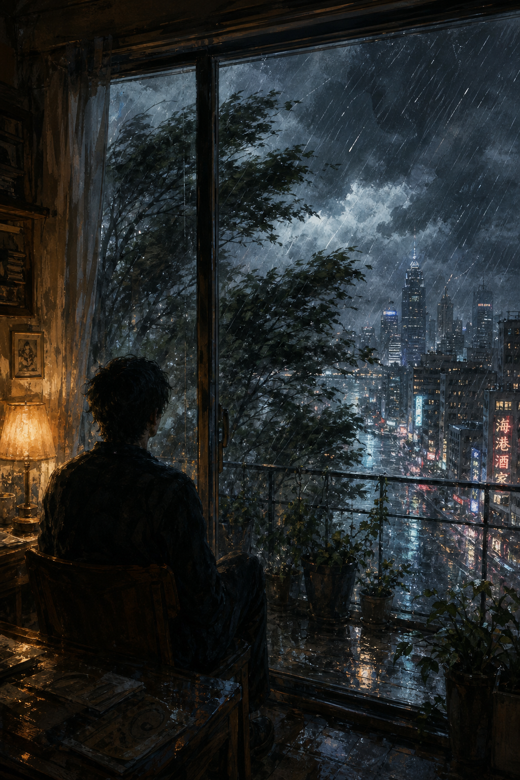 A figure at a glass door on a balcony, watching wind and rain move through the trees outside.