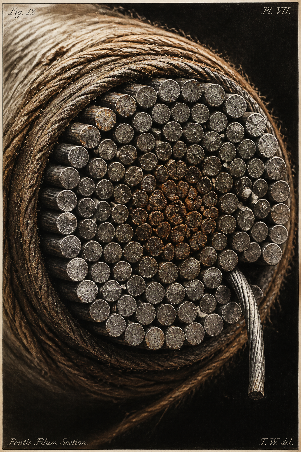 Close texture of the structure: bundled wire cable, rivets and iron surface.