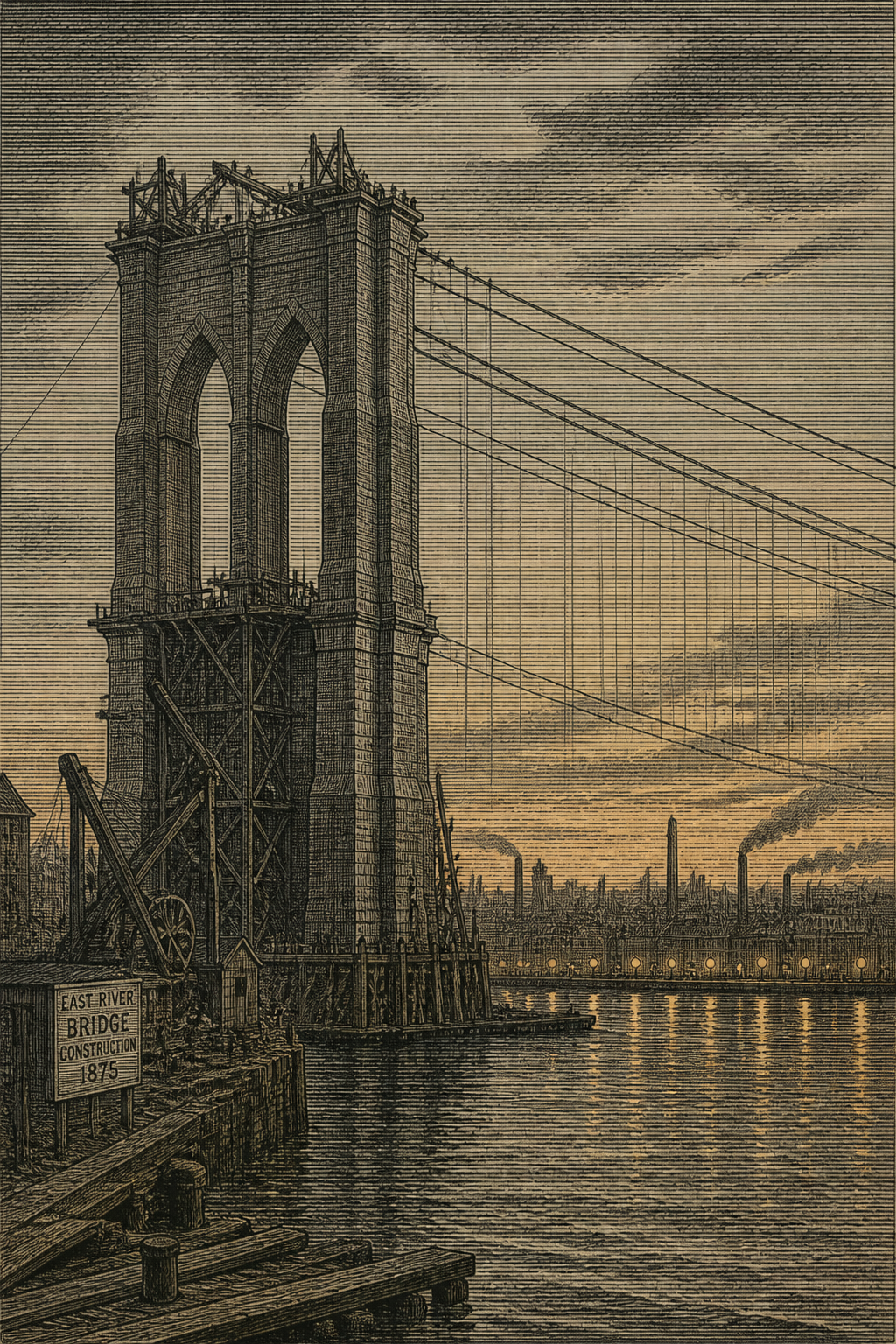 An unfinished suspension bridge over a river: towers and cables standing, the roadway not yet continuous.