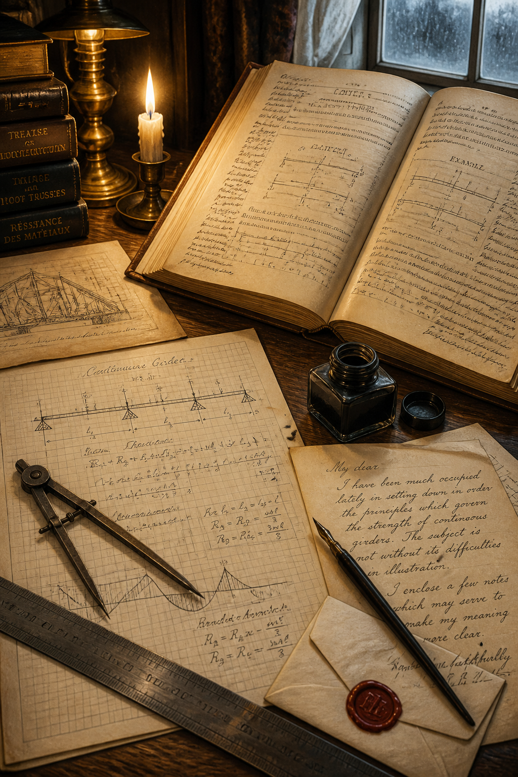 A working desk of the period: papers, pen, lamplight, a window facing toward the bridge works.