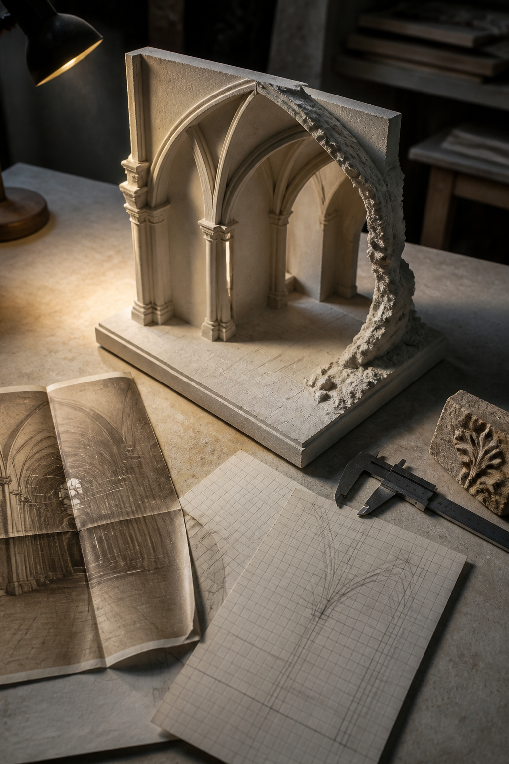 A workshop table of plaster fragments, photographs and measured lines