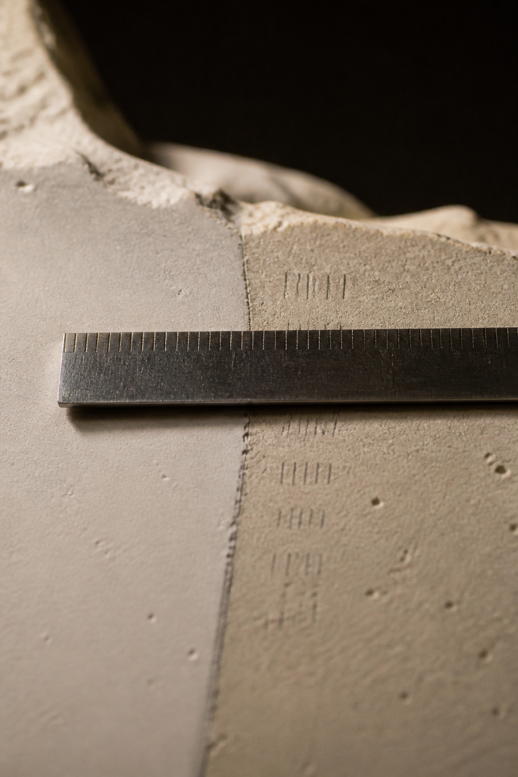 Close detail where surviving plaster meets added material