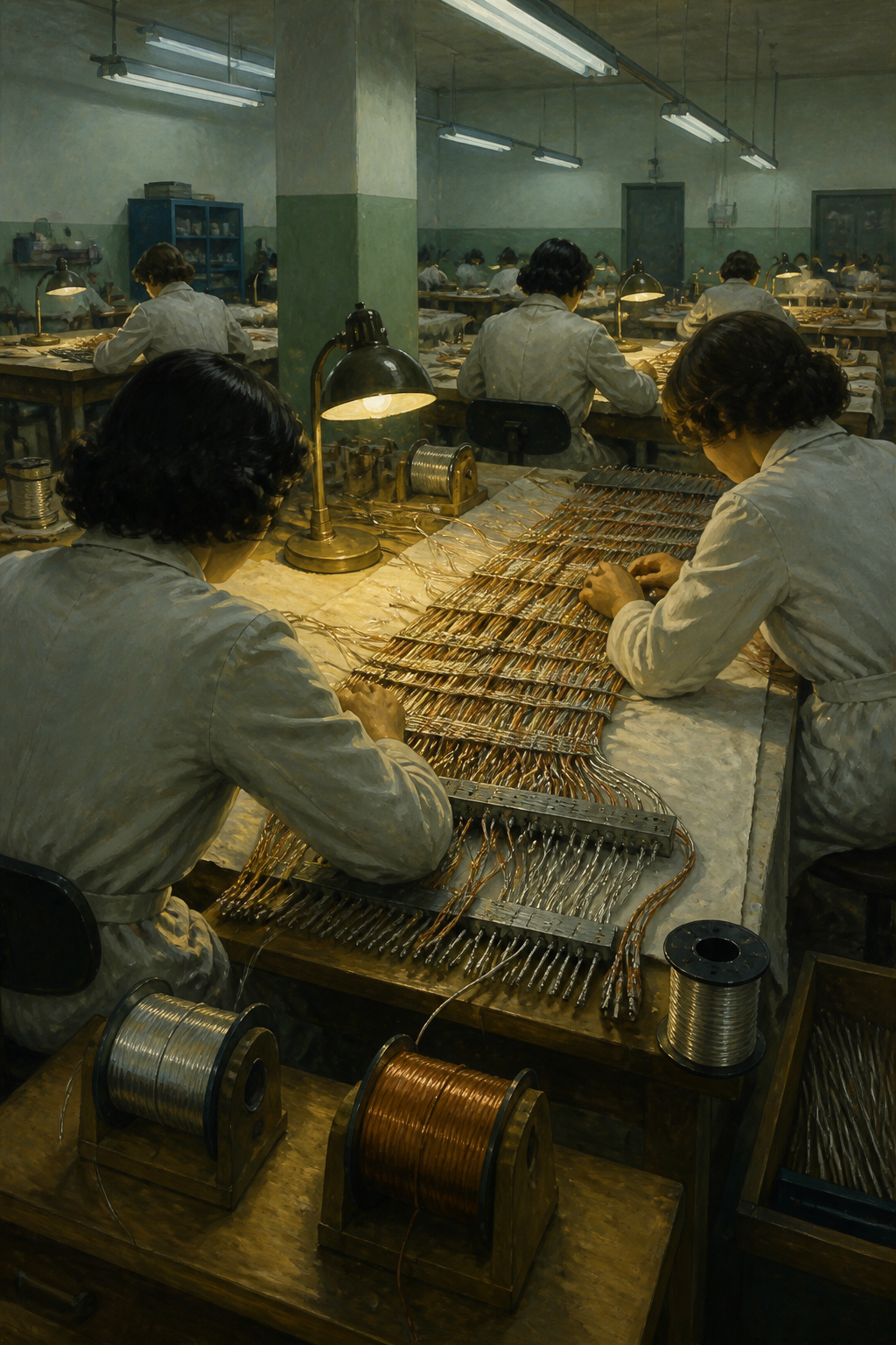 Reconstruction: a workbench seen from above with hands guiding fine thread through a frame of cores, spools and tools nearby.