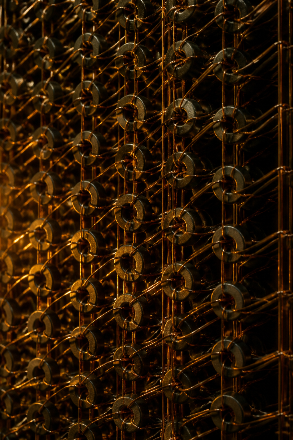 Reconstruction: dense bundles of fine wire threaded through rows of small magnetic cores, lit from one side.