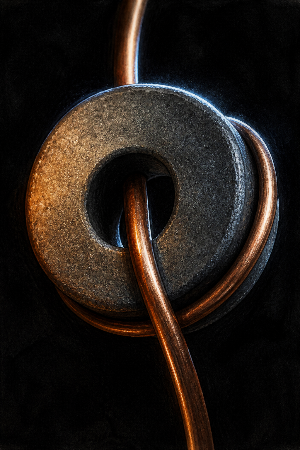 Reconstruction: extreme close-up of a single small magnetic core with a fine wire drawn taut through its centre.
