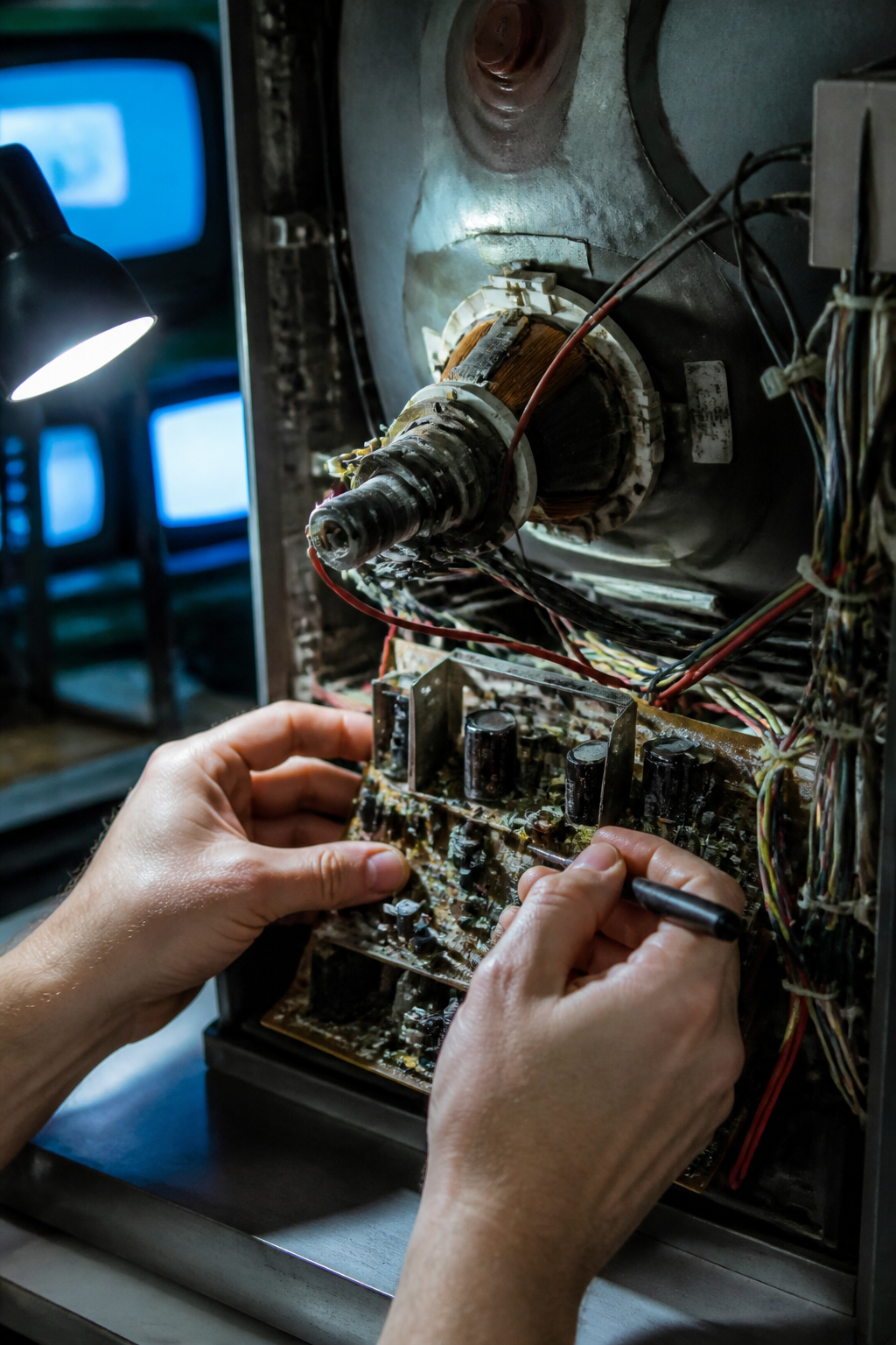 Generated reconstruction: a conservator's hands with small tools among dense cable and connectors behind a wall of screens.