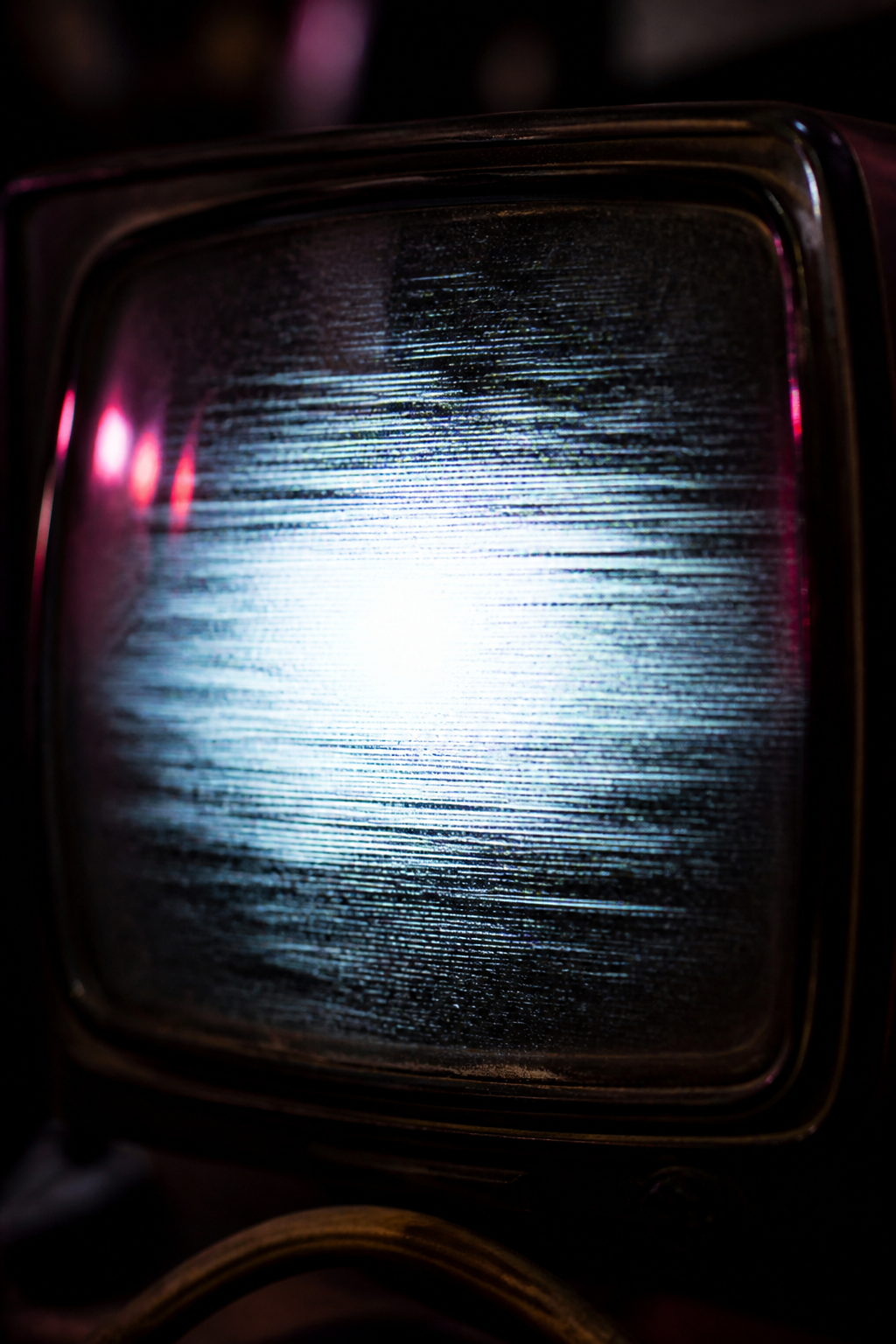 Generated reconstruction: extreme close-up of a single cathode-ray tube losing its picture, the image collapsing into an amber band.