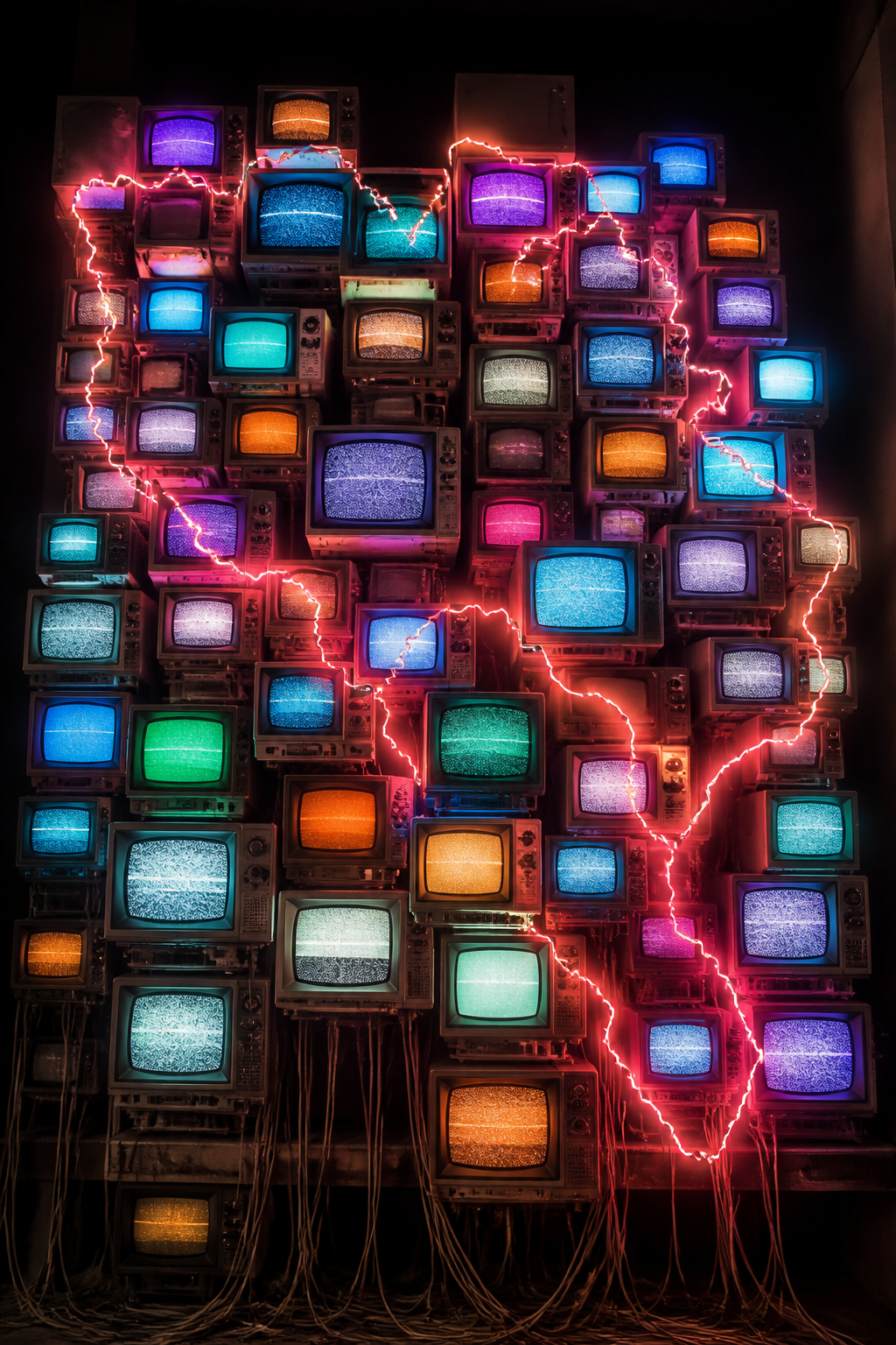 Generated reconstruction: a wall of glowing television screens traced with neon borders in a dark room.