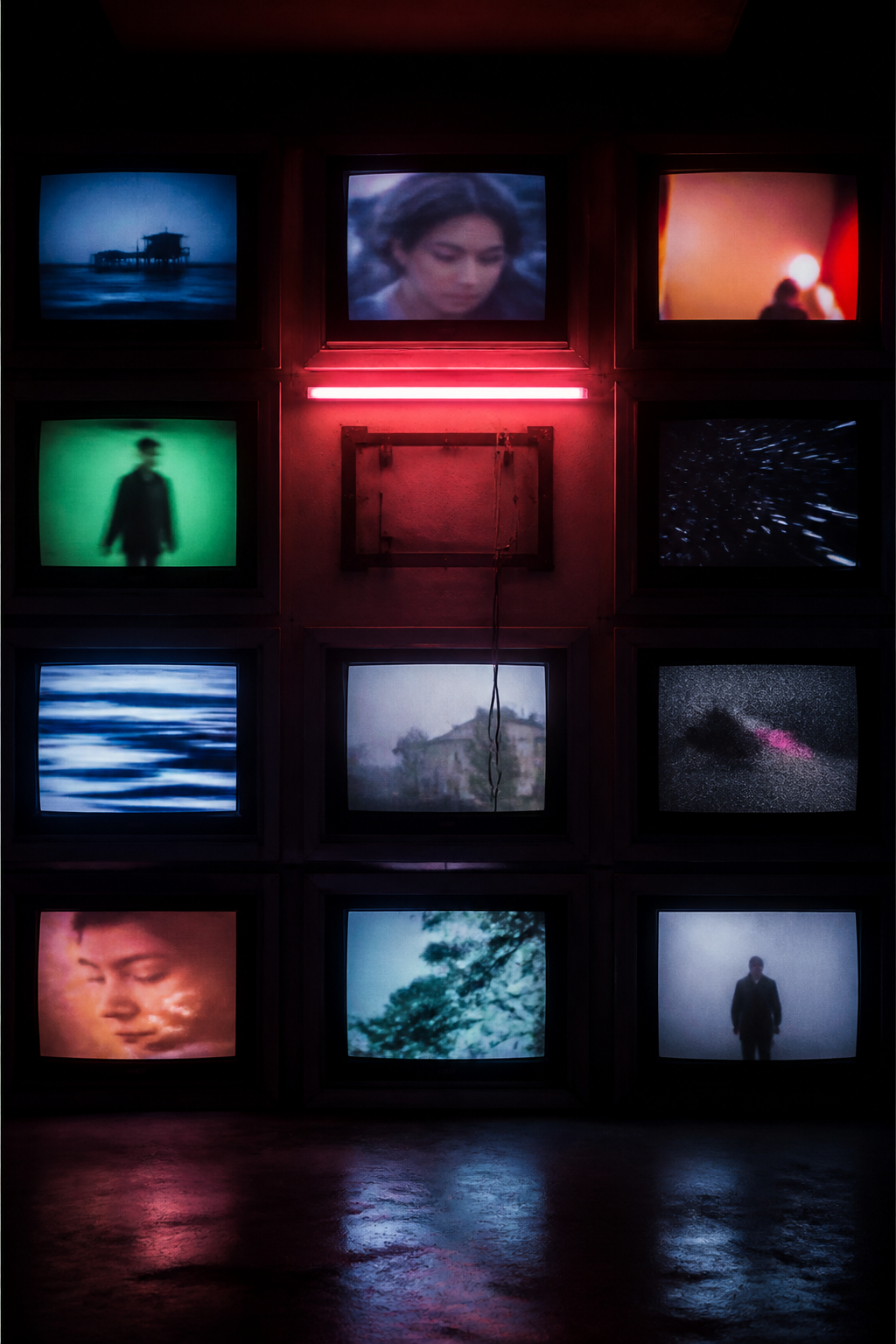 Generated reconstruction: a dark recess in a screen wall where one television no longer glows, neighbouring screens faintly lit.