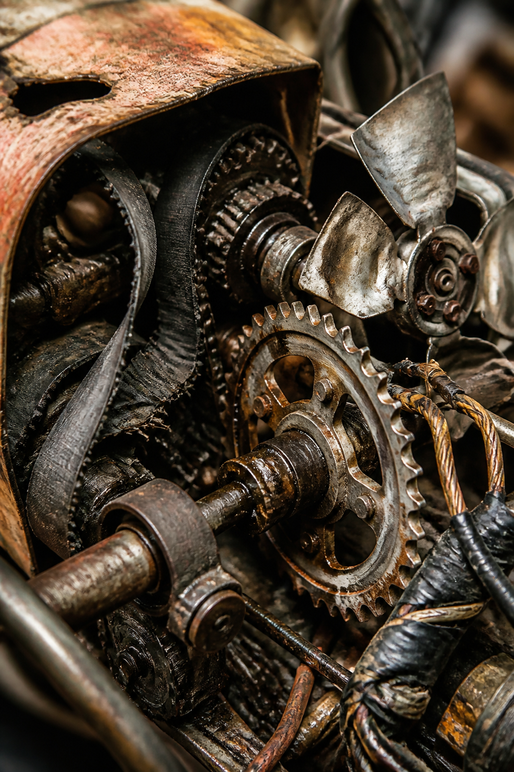 Reconstruction: close mechanical detail — belts, a wheel rim, welded joints, scorched paint.