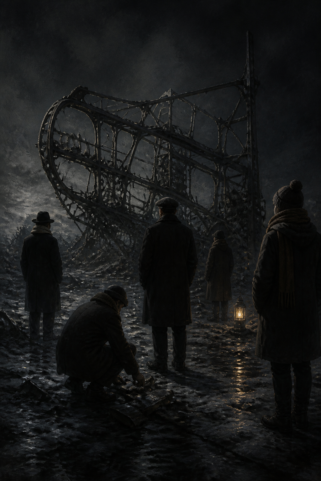 Reconstruction: pale, blurred figures standing at the edge of the event, half-lost in smoke.
