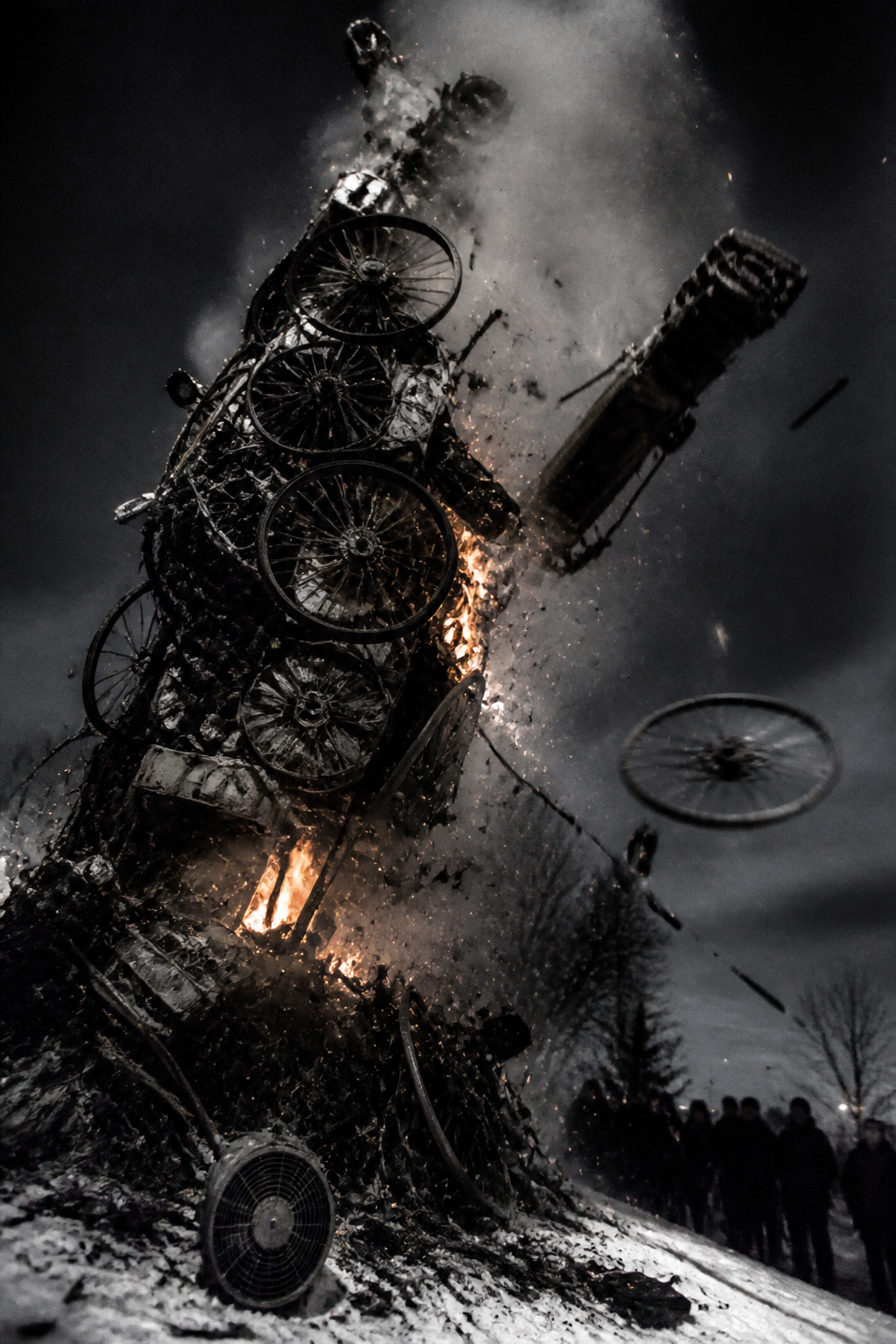 Reconstruction: a tall improvised machine of wheels, metal and salvage coming apart in white smoke.