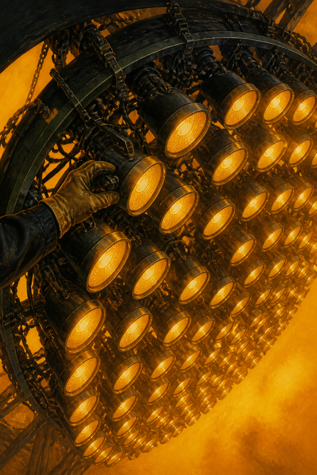 Modelled study: dense haze crossed by a broad shaft of yellow light, with dim human shapes suspended in it.