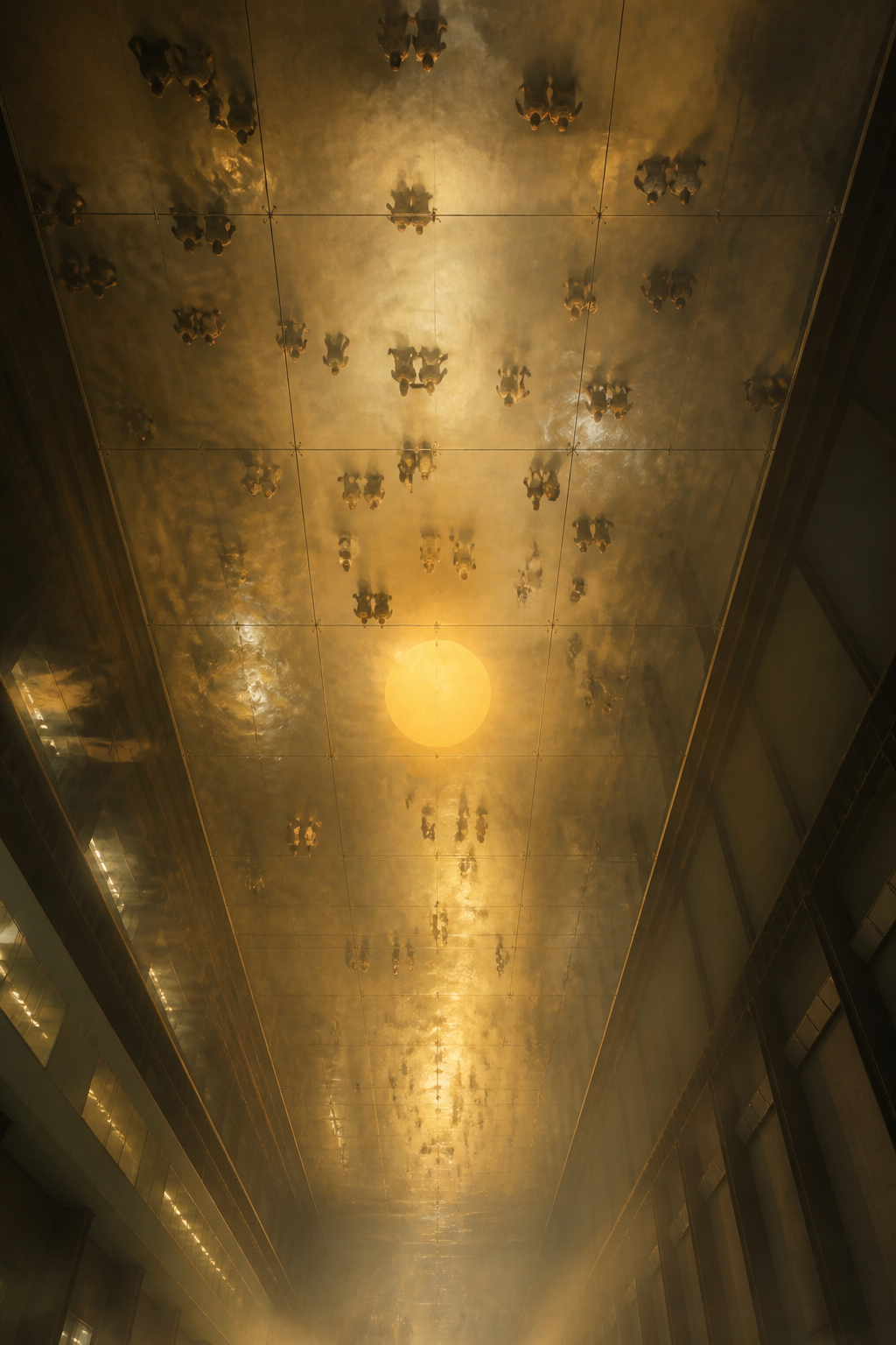 Modelled study: the vast interior volume of a hall, its far end filled by a glowing disc, with a suspended structural grid above.