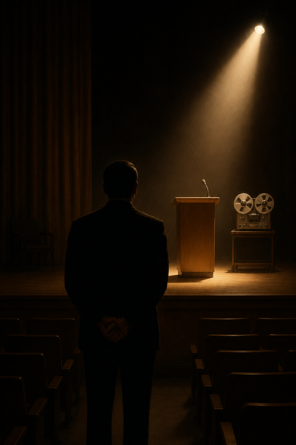 A single listener alone in a dim room, head tilted toward a speaker, carrying the sound forward.