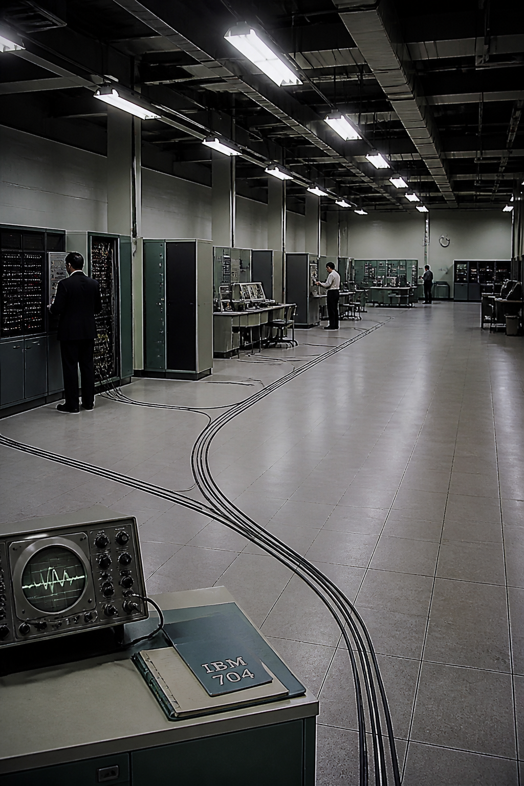 A vast institutional laboratory hall, rows of equipment under high ceilings, where separate projects met.
