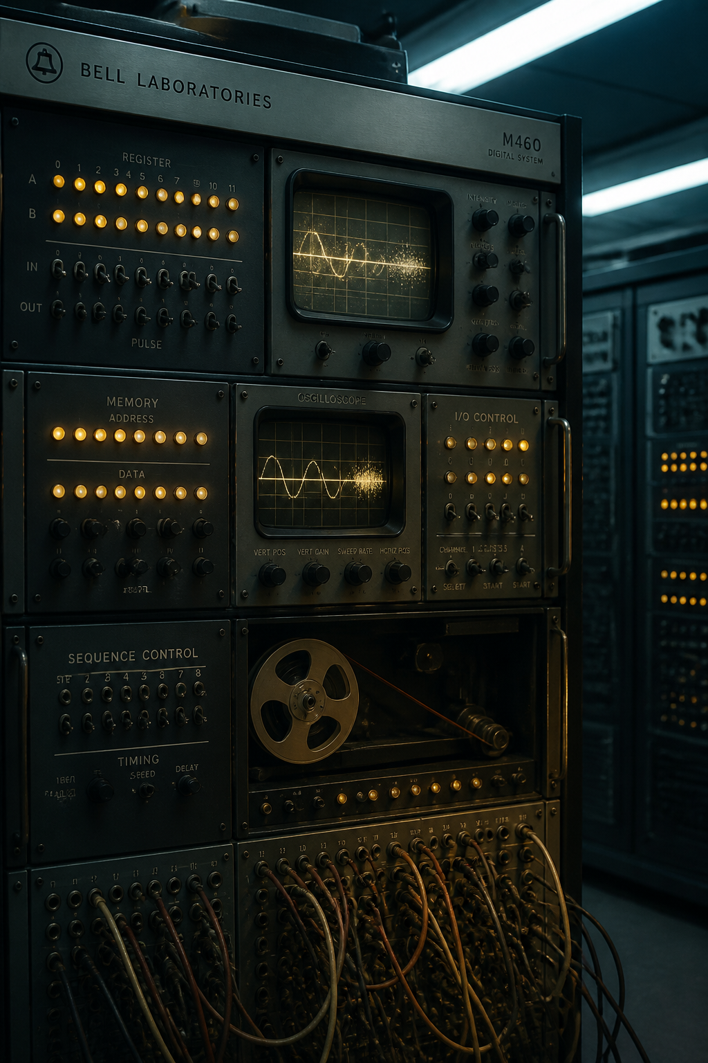 An unfinished machine in a research room: racks, cabling and a paper tape reel, waiting for someone to decide what it should do.