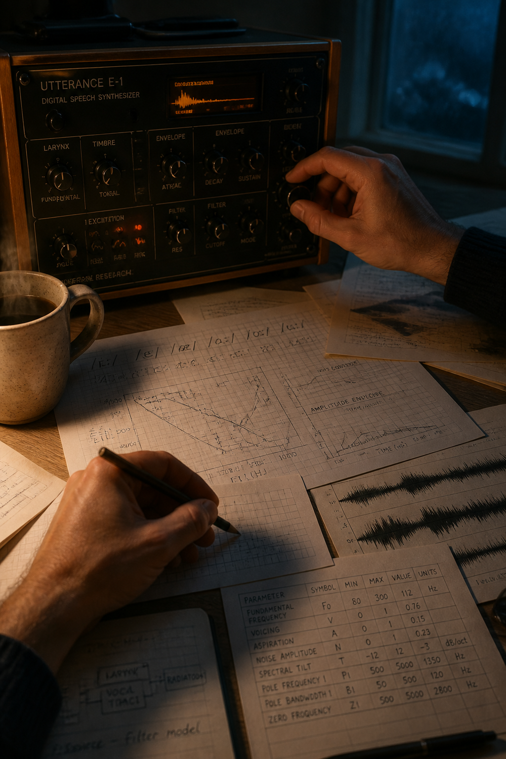 A researcher leaning close to a control panel, one hand on a dial, adjusting the parameters of a synthetic voice.