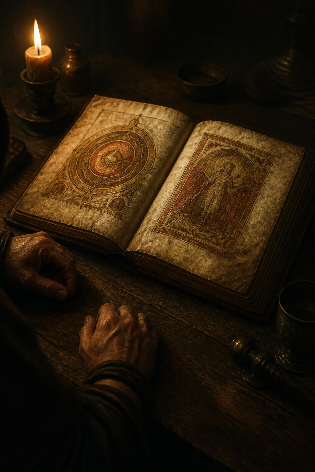 A dim interior: a small illuminated manuscript wrapped in cloth, held close, half in shadow.