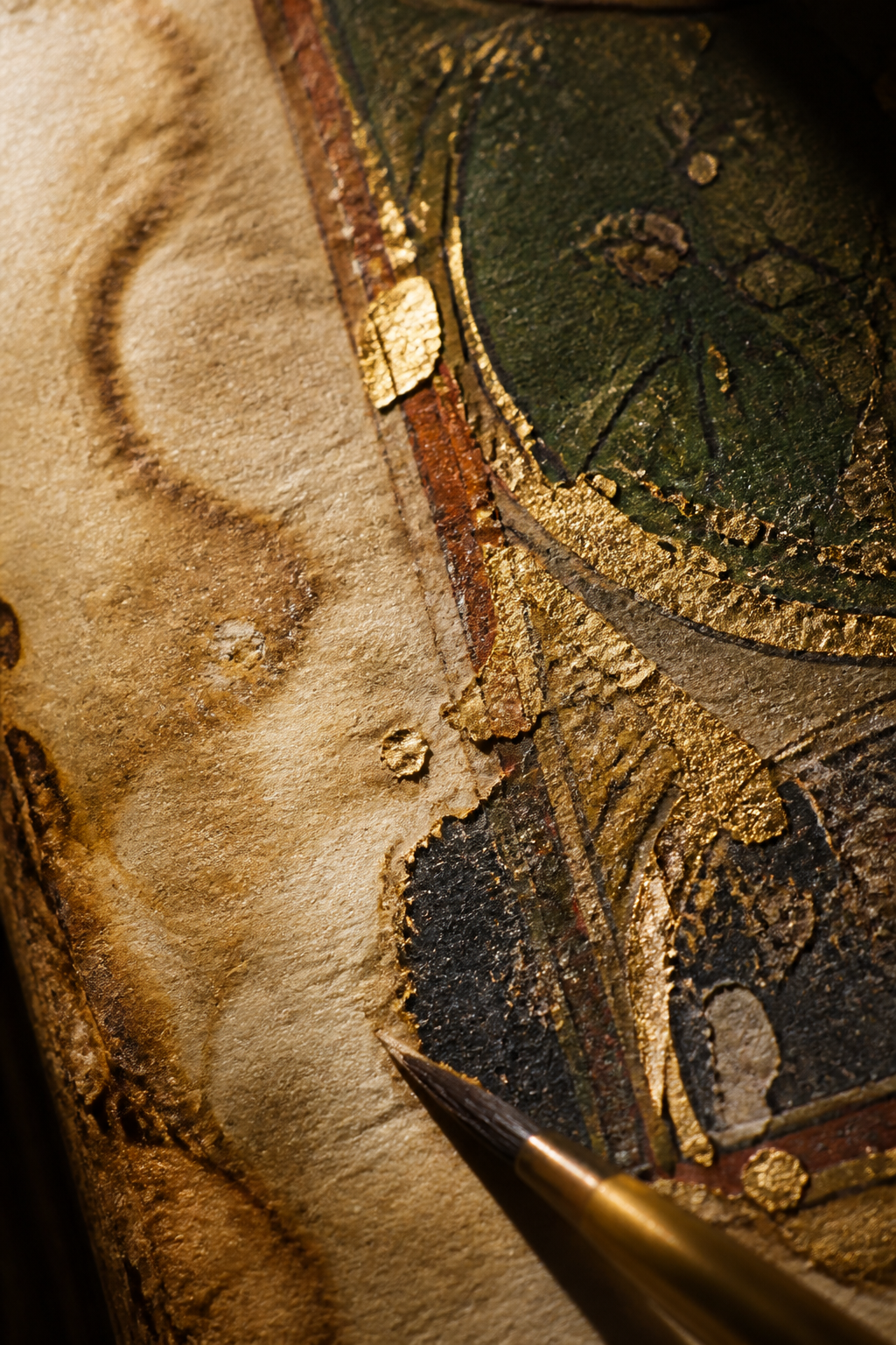 A close view of aged parchment leaves under raking light, edges cockled, pigment lifting at a fold.