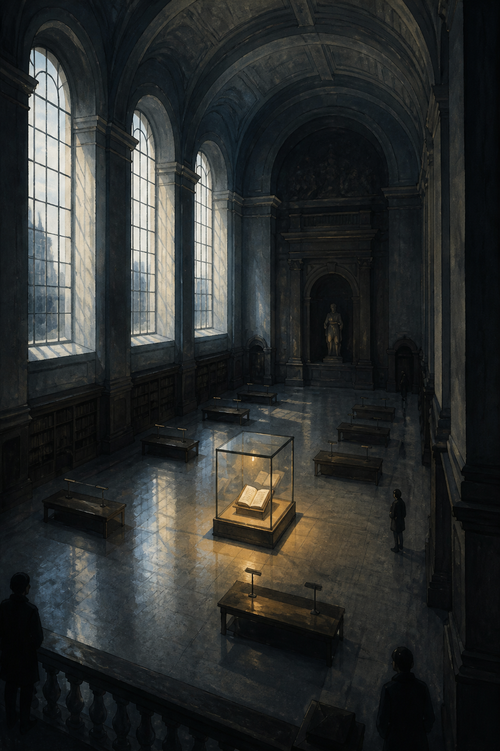 A dim gallery: a small book resting open in a vitrine, low light, an empty room beyond.