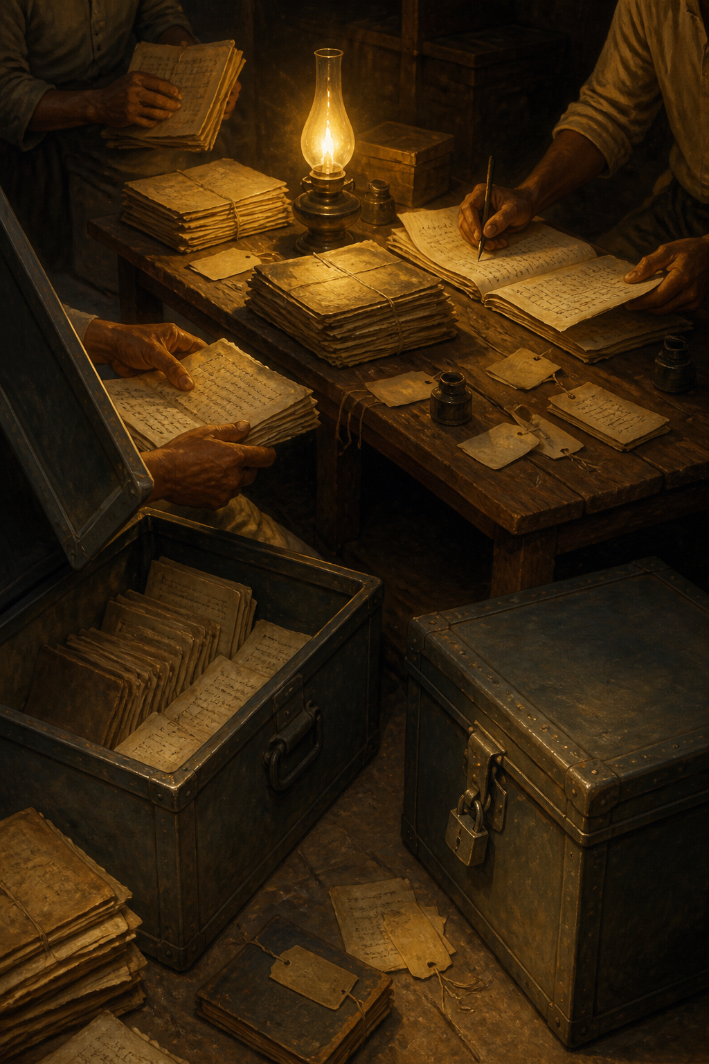 Modelled reconstruction of manuscript volumes on shelving in low archival light