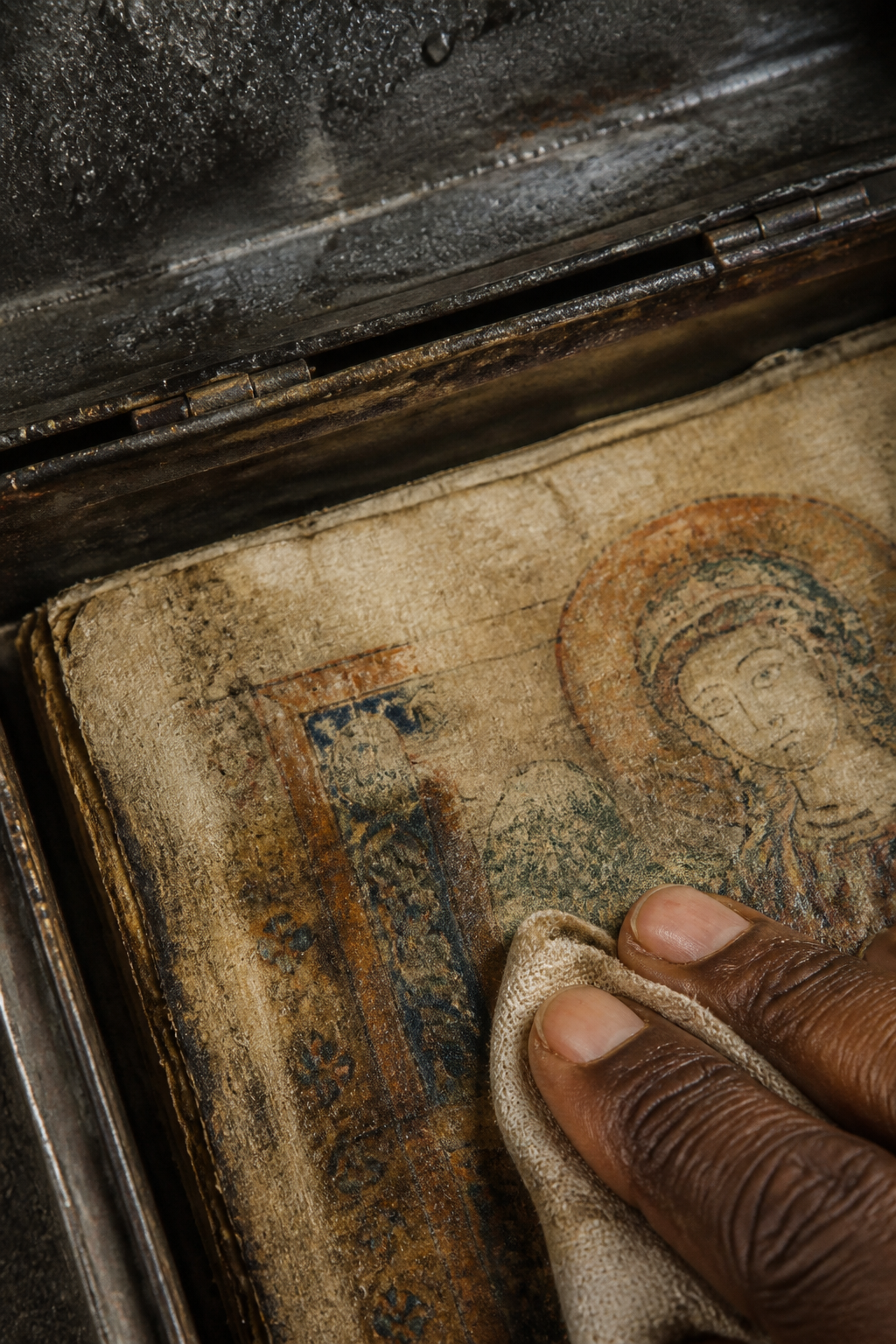 Modelled reconstruction of manuscript leaves, ink and a worn leather wrapper