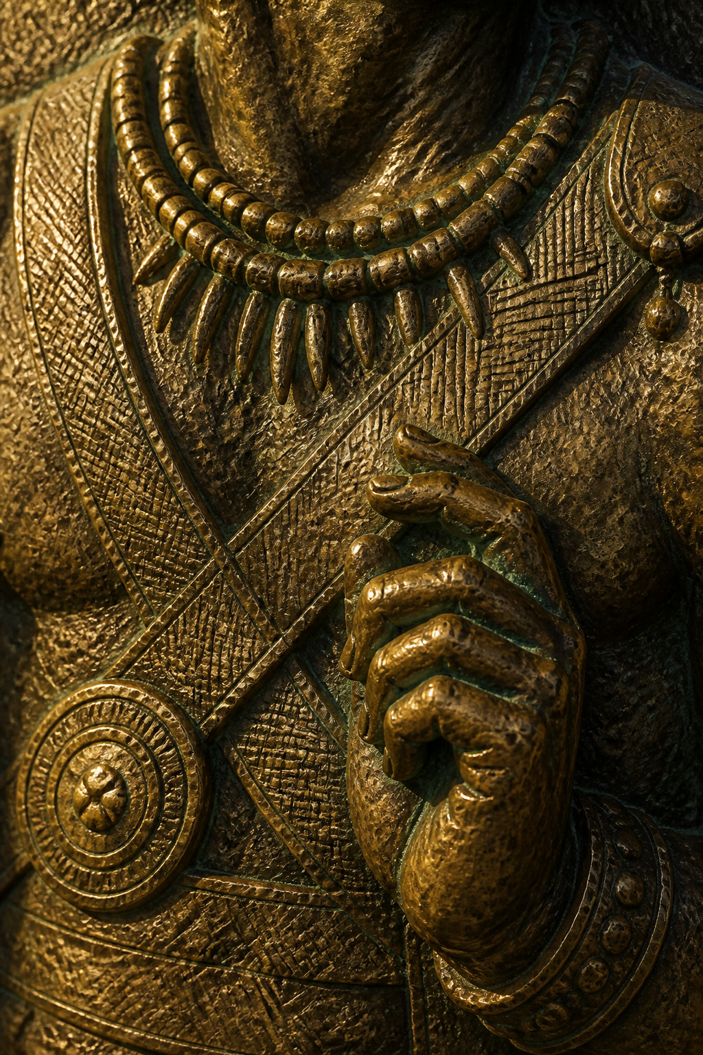 Close view of a worked brass relief surface: file marks, punched detail and a nail hole at the corner.