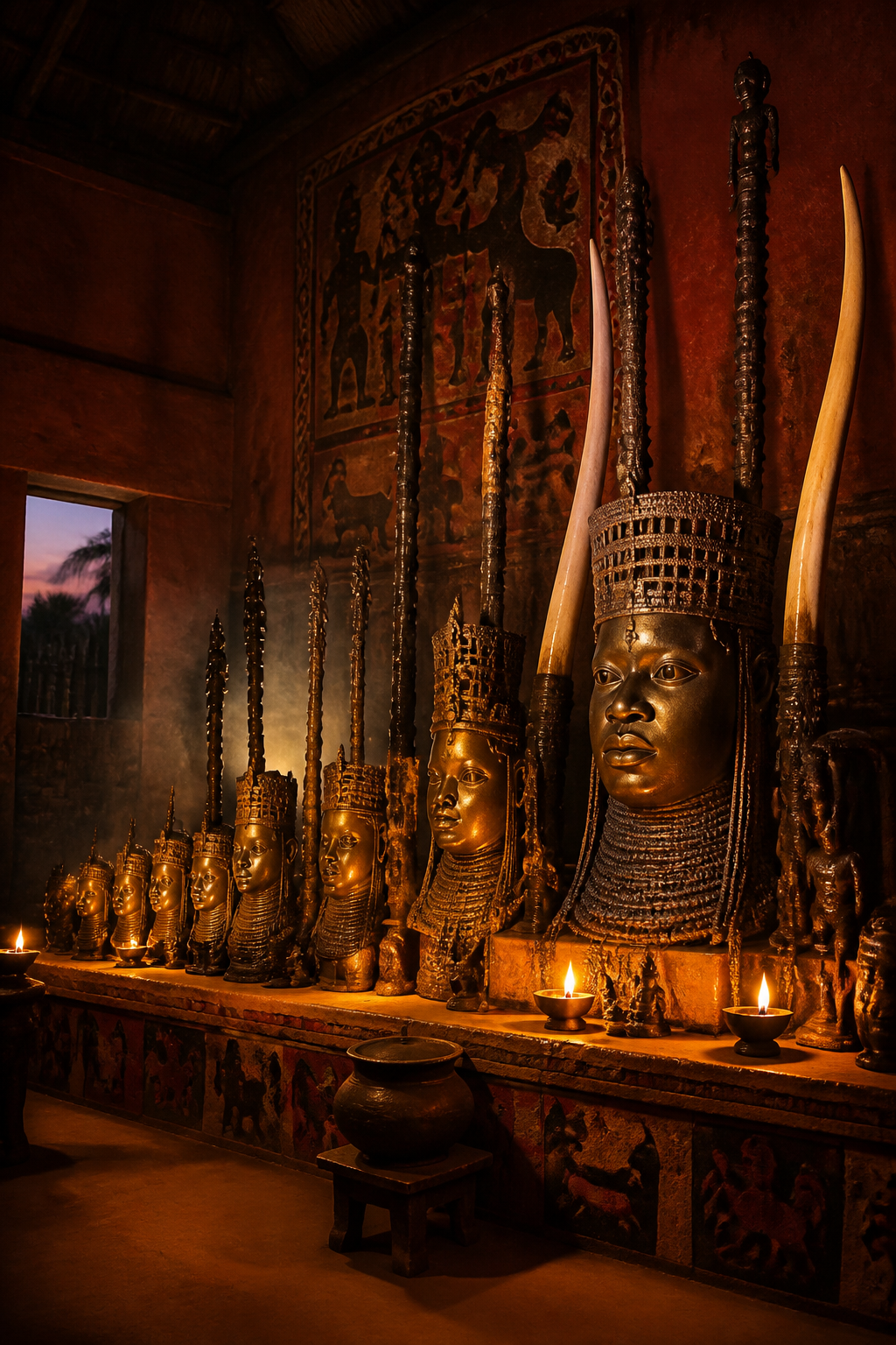 A reconstructed altar arrangement: commemorative heads, ivory tusks and staffs set in ordered rows.