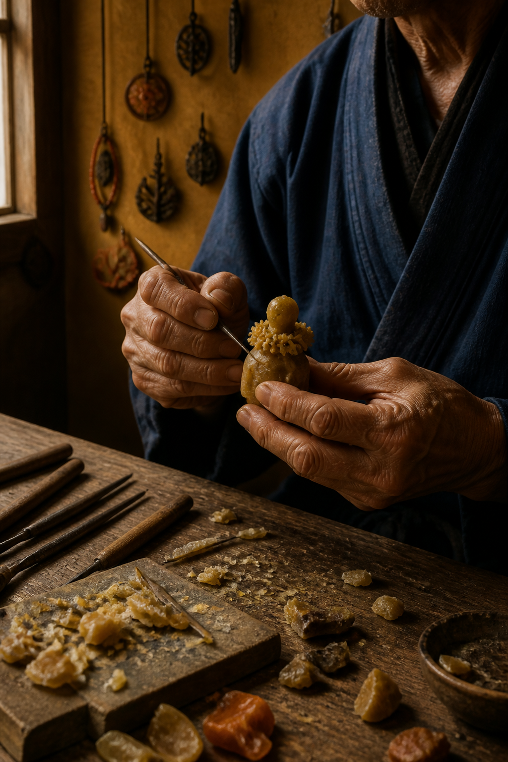 An Edo carver's hands at work: wax, tool and unfinished form under warm light.
